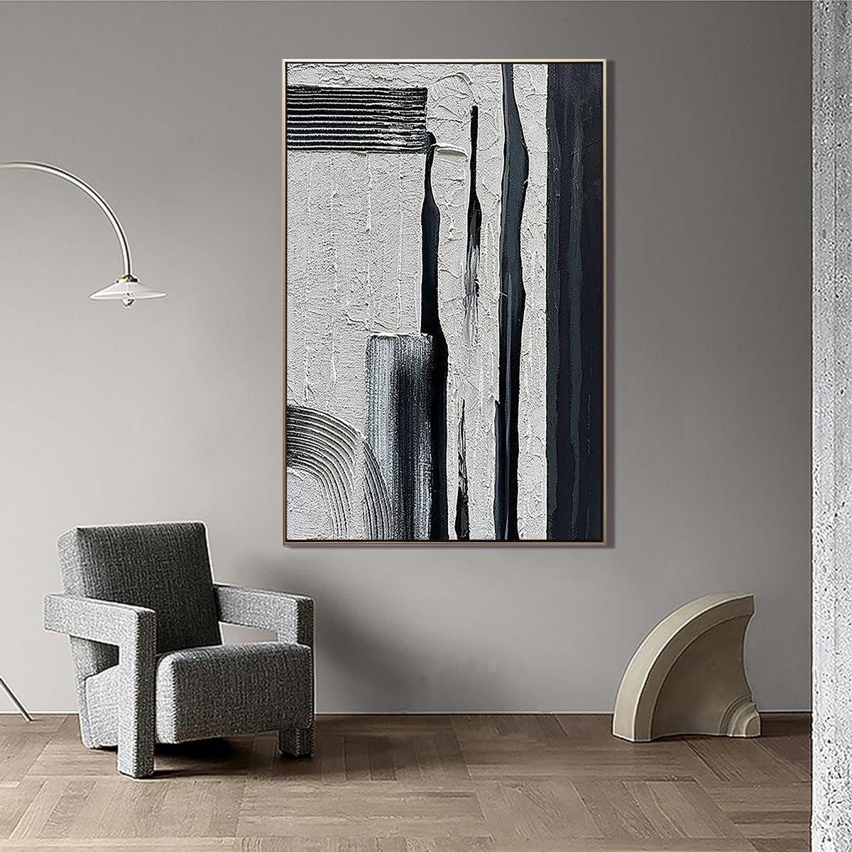 Urban Noir – Heavy Texture Industrial Abstract Painting | Wabi-sabi Plaster Style Hallway Decor Art