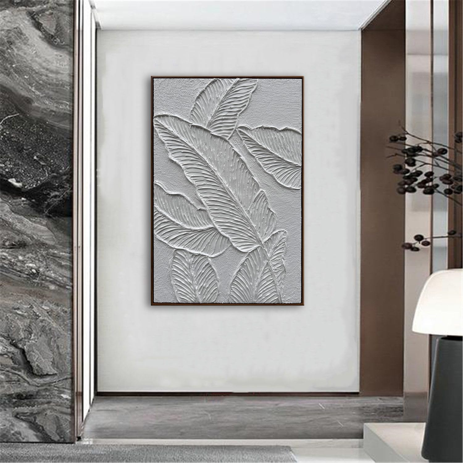 Silver Frond – Modern Botanical Leaf Relief Texture Painting | Contemporary Botanical Bedroom & Living Room Art