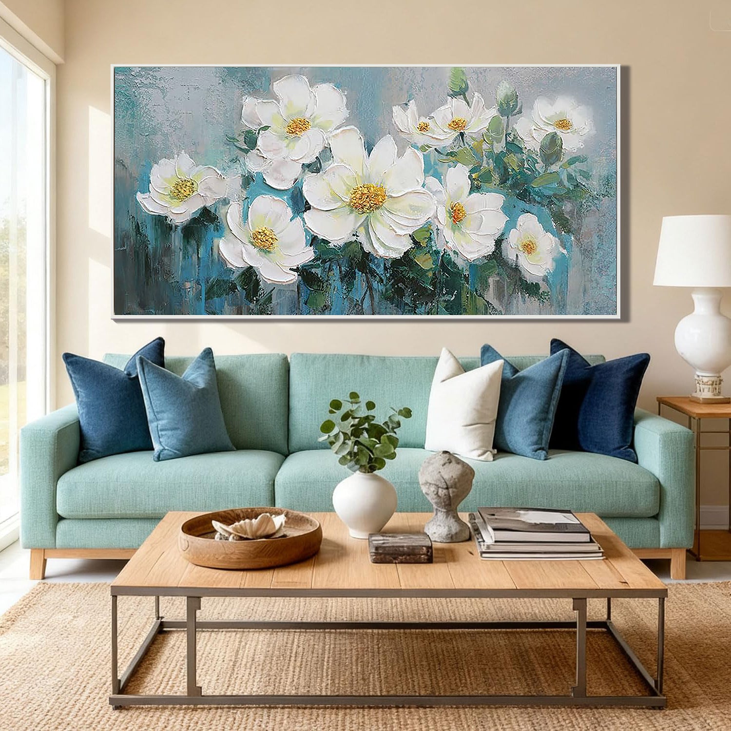 Aquamarine Bloom – Heavy Textured White Magnolia Painting | Elegant Teal & Gray Floral Bedroom Art