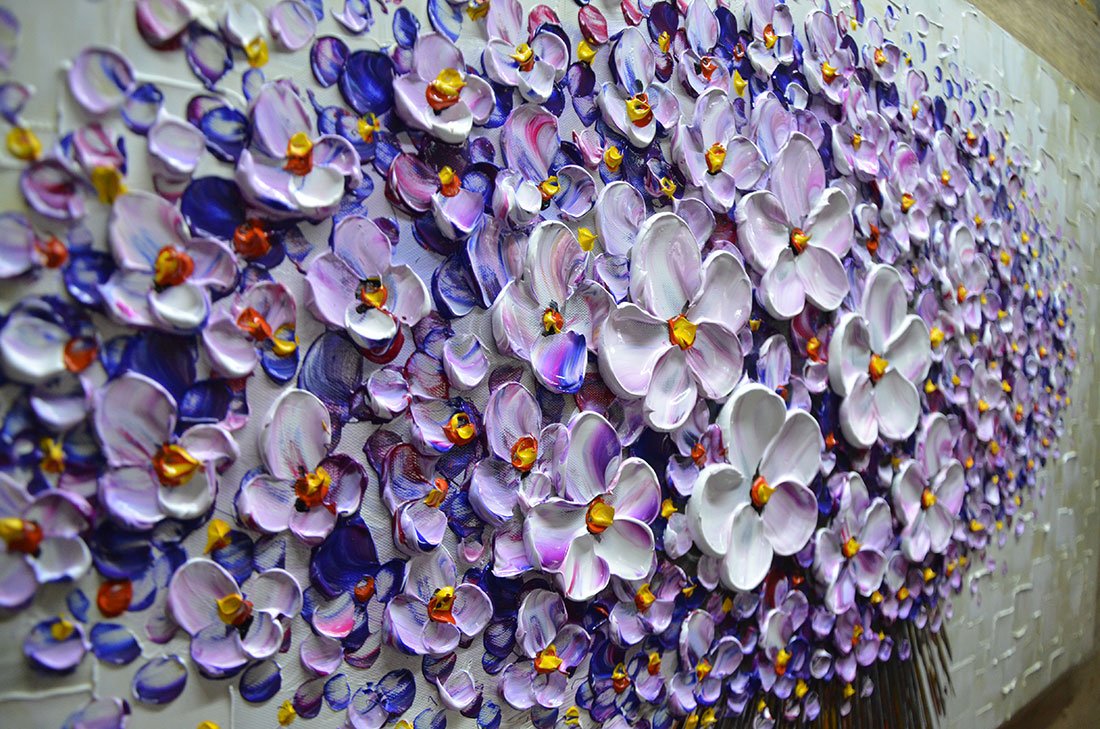 VIOLET BLOOM: Panoramic 3D Heavy Texture Floral Wall Art, Purple Flower Tree Relief Painting