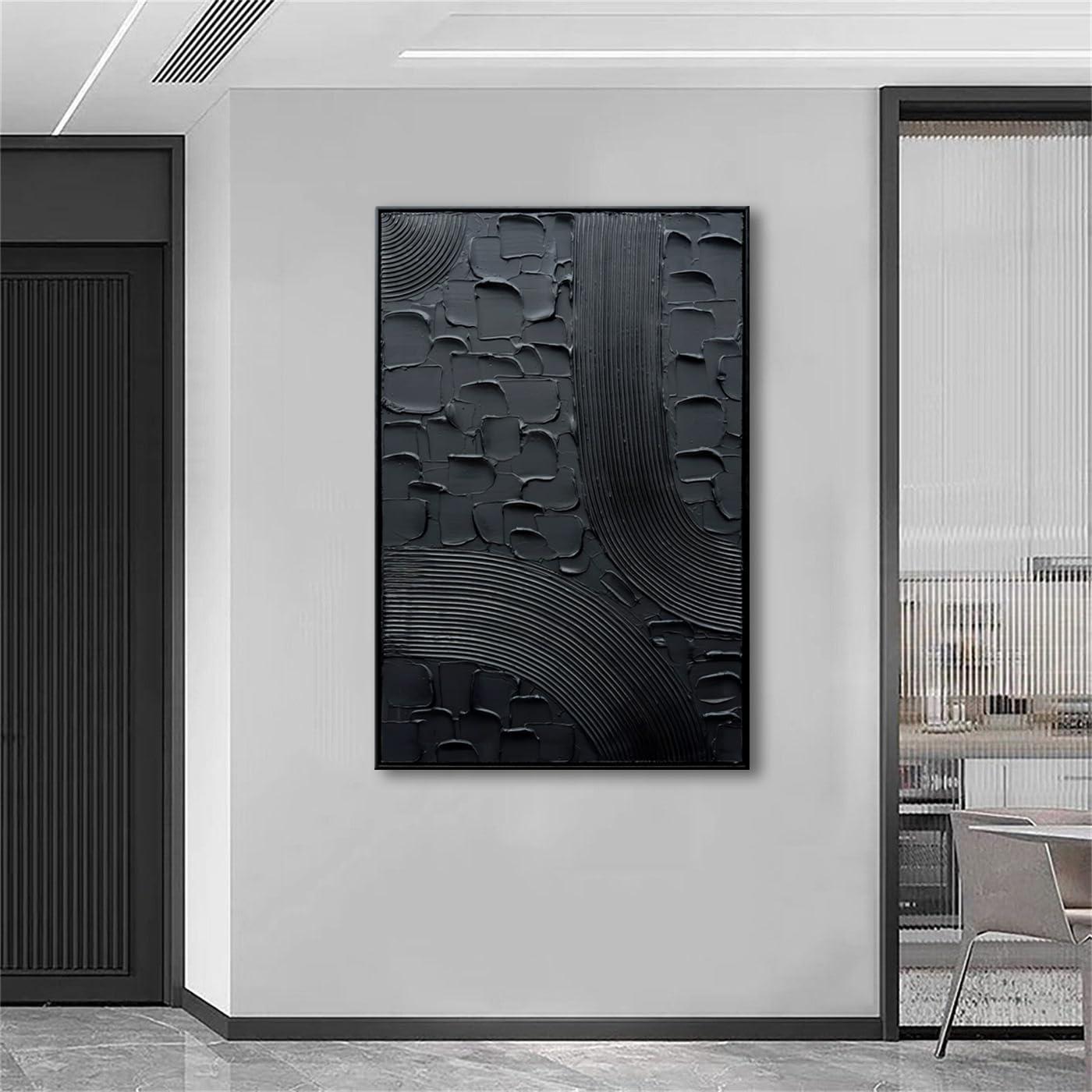 Midnight Mesh – Modern All-Black Plaster Relief Canvas Texture Painting | Modern Industrial Plaster Home Office & Living Room Art