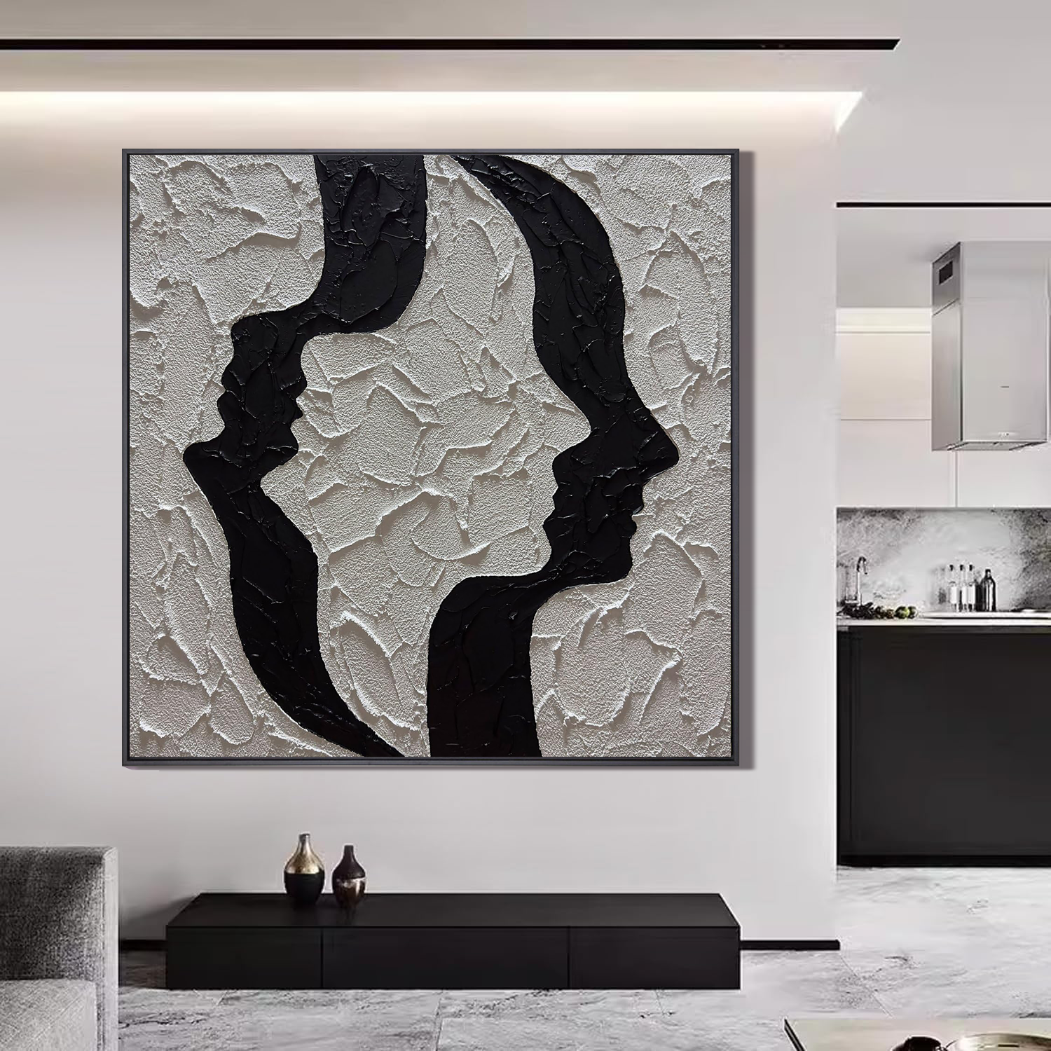 TWIN SOULS: Abstract Wall Art, Hand-Painted Black and White Face Silhouette 3D Plaster Effect Heavy Texture Canvas Painting