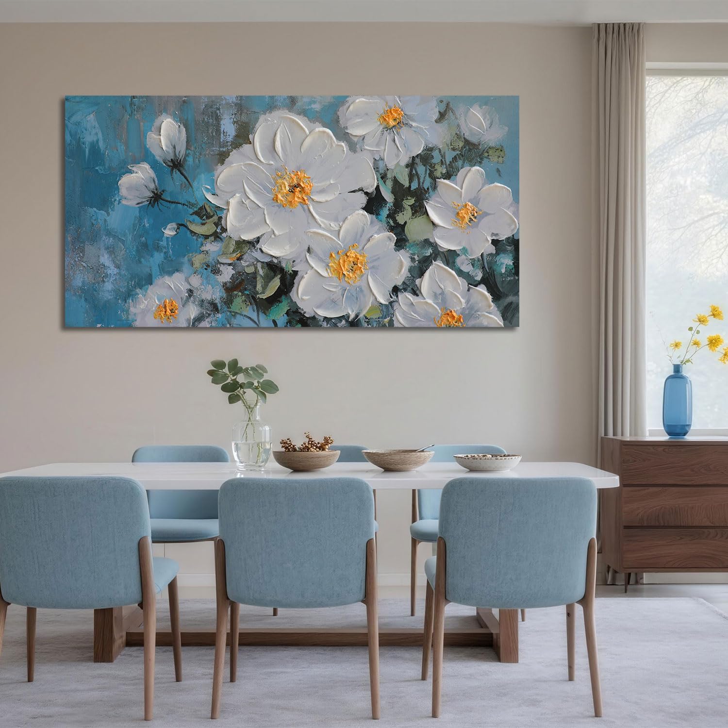 DEEP TEAL BLOOM: 3D Heavy Texture White Flower Wall Art, Luxury Blue Background Relief