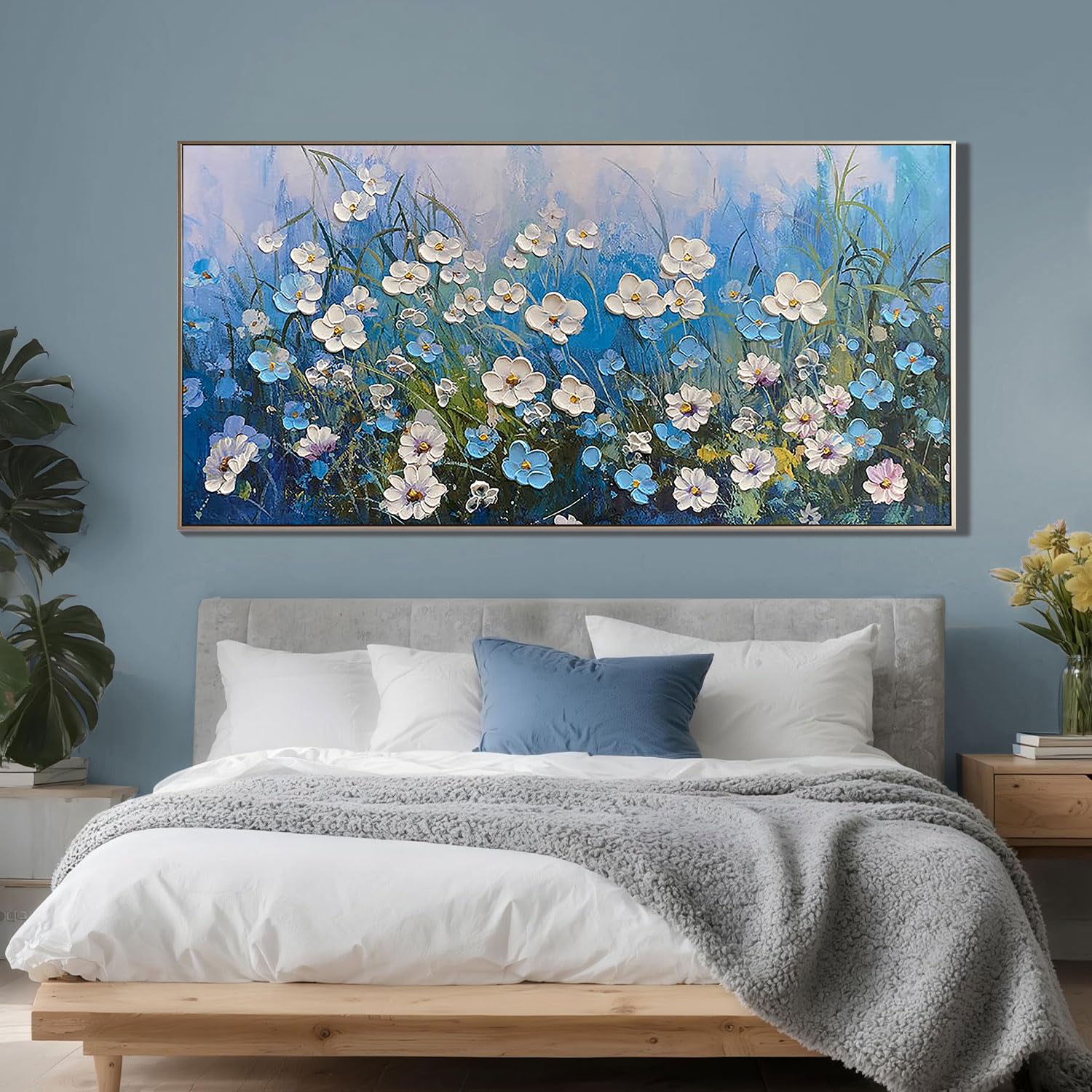 Azure Meadow – Blue Wildflower Relief Floral Painting | Contemporary Botanical Bedroom & Living Room Art