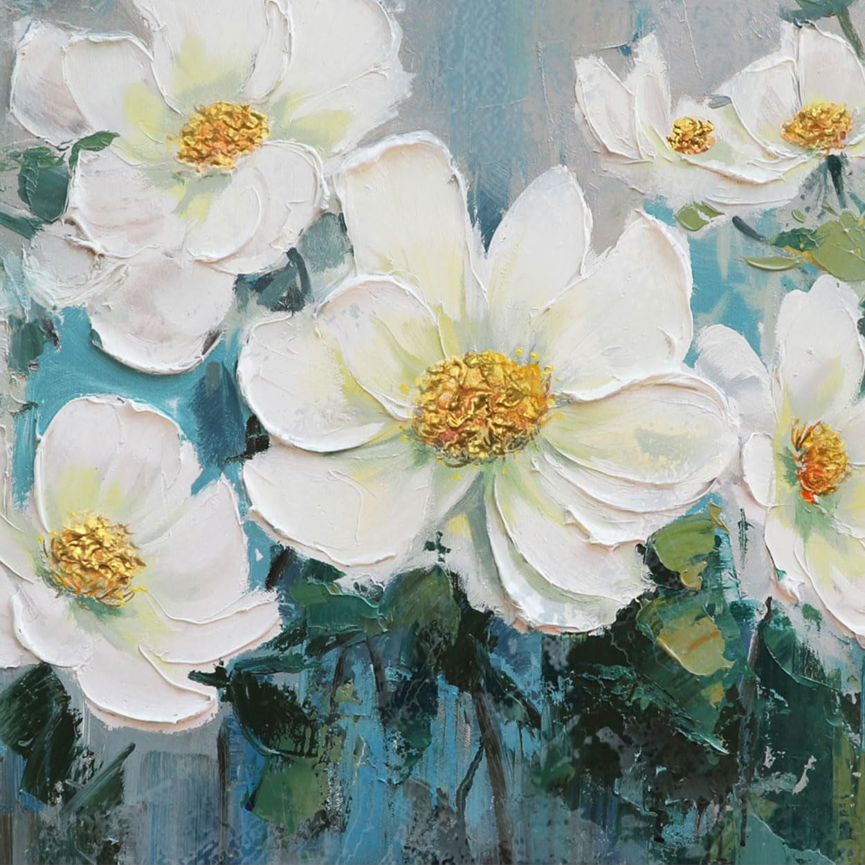 Aquamarine Bloom – Heavy Textured White Magnolia Painting | Elegant Teal & Gray Floral Bedroom Art