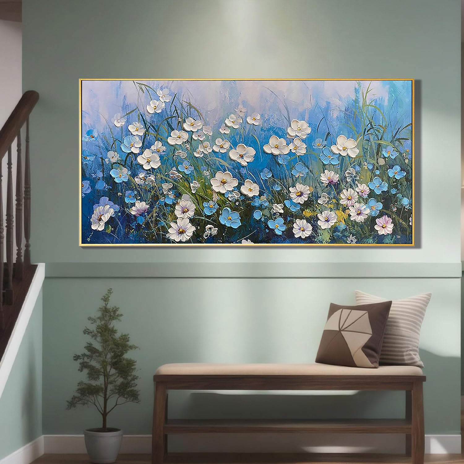 Azure Meadow – Blue Wildflower Relief Floral Painting | Contemporary Botanical Bedroom & Living Room Art