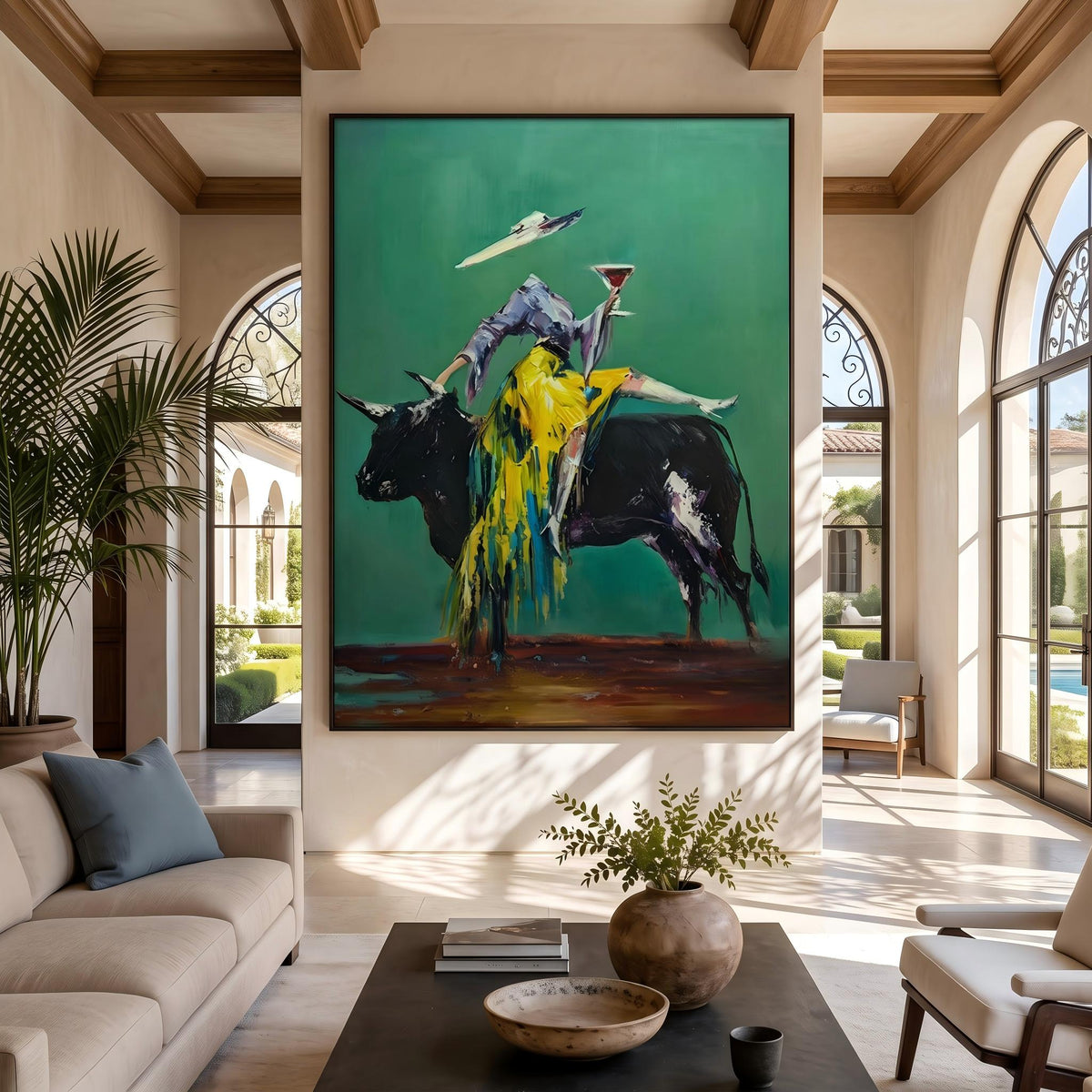 Emerald Bull Toast Society – Pop Art Bull and Western Figures Painting | Colorful Vertical Wall Art
