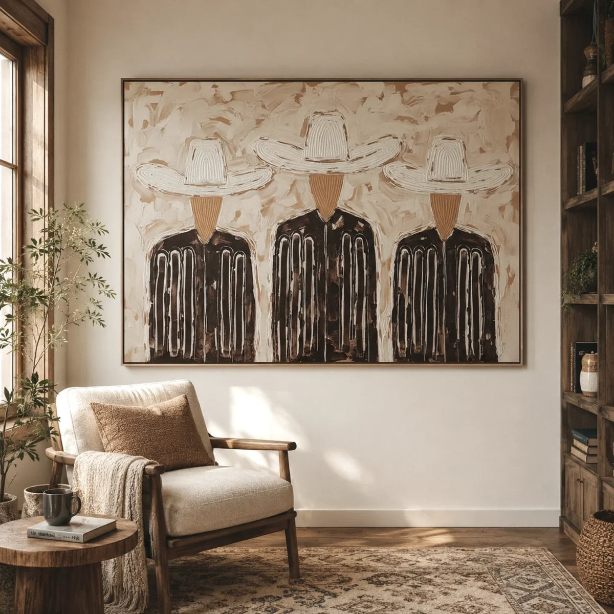 Three Hats in Linen – Textured Three Cowboy Painting | Neutral Horizontal Western Wall Art