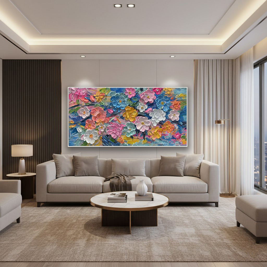 Prismatic Bloom – Hand-Painted Vibrant Multicolored 3D Impasto Palette Knife Floral Painting | Vibrant Botanical Living Room & Dining Room Art