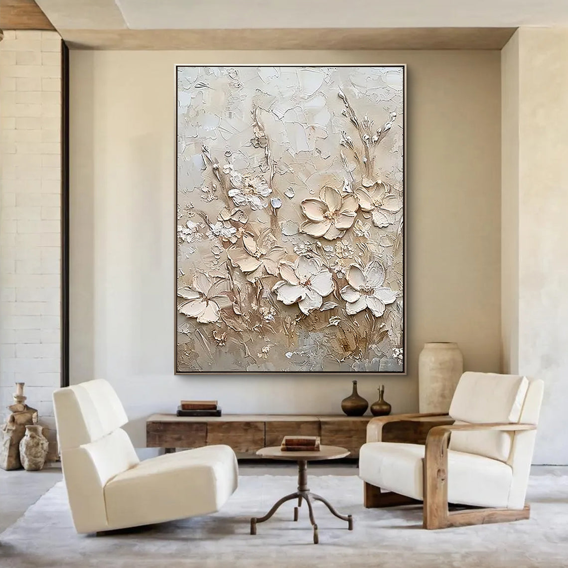 Ivory Blossoms – 3D Impasto Creamy White Floral Hand-Painted Plaster Effect Floral Painting | Soft Organic Botanical Bedroom & Living Room Art