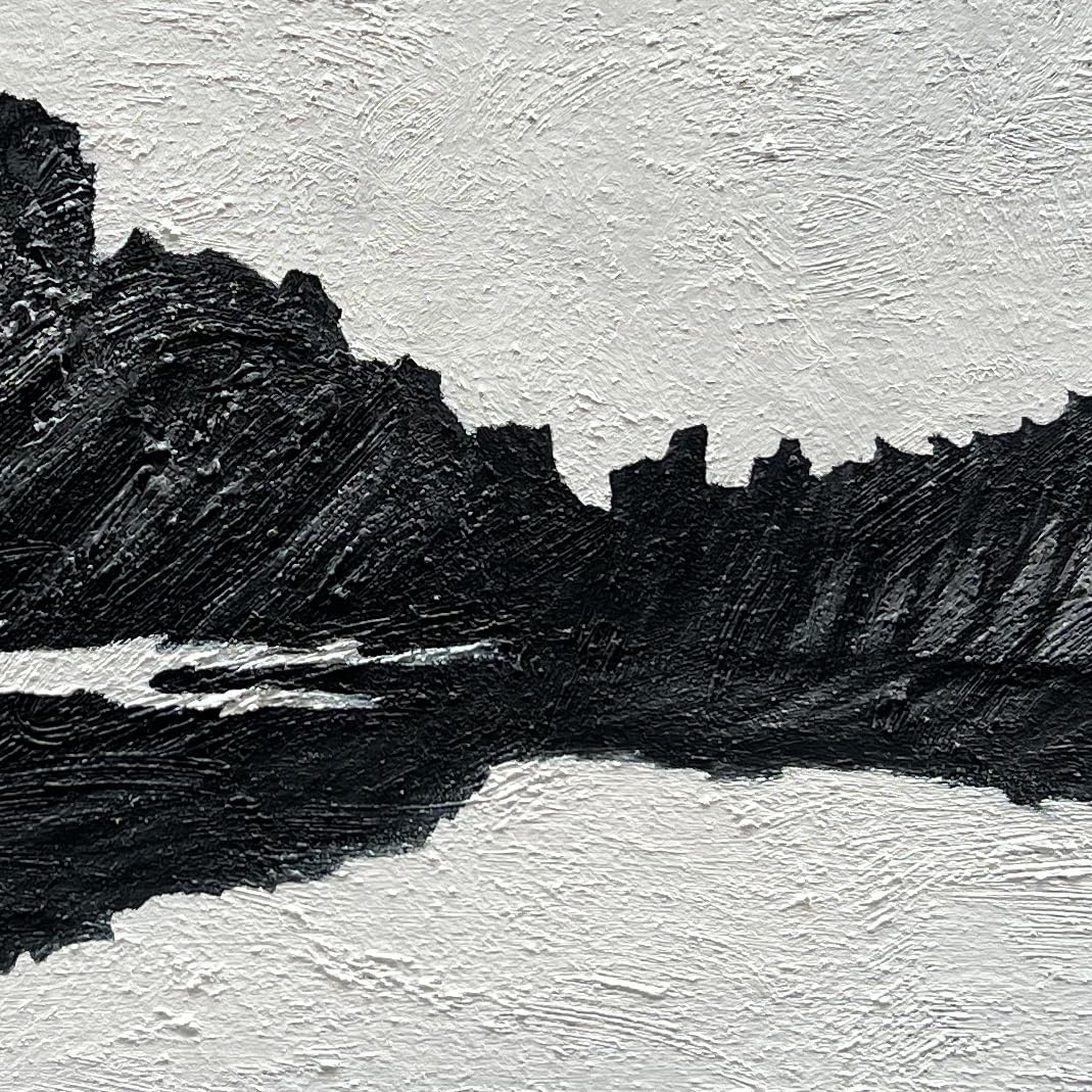 Silent Peaks – Black & White Minimalist Impasto Mountain Reflection | Modern Wabi-Sabi Office Art