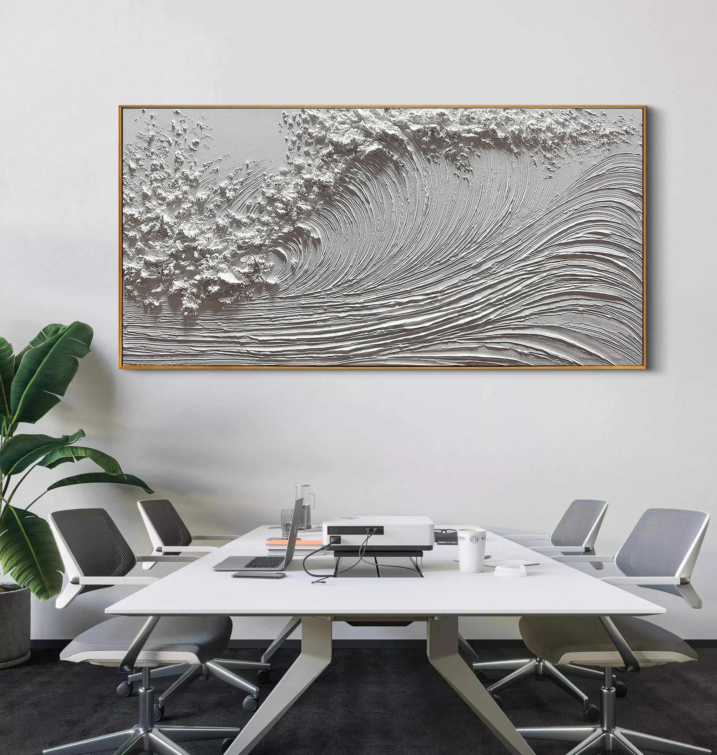 The Silent Swell – All White Minimalist Textured Ocean Wave Art | Wabi-Sabi Heavy Impasto Home Office Art