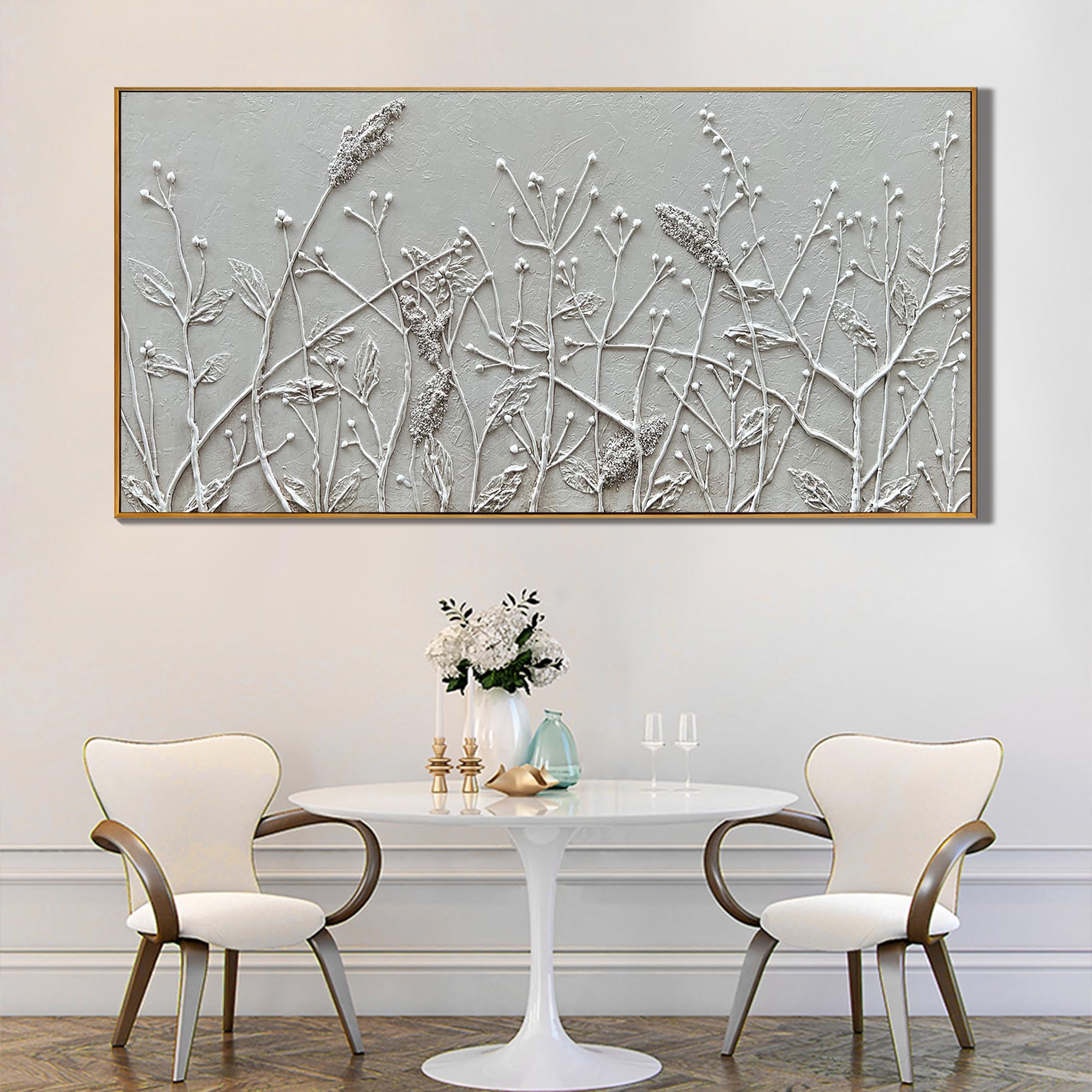 Meadow Breeze – White Botanical Relief Floral Painting | Contemporary Botanical Bedroom & Living Room Art