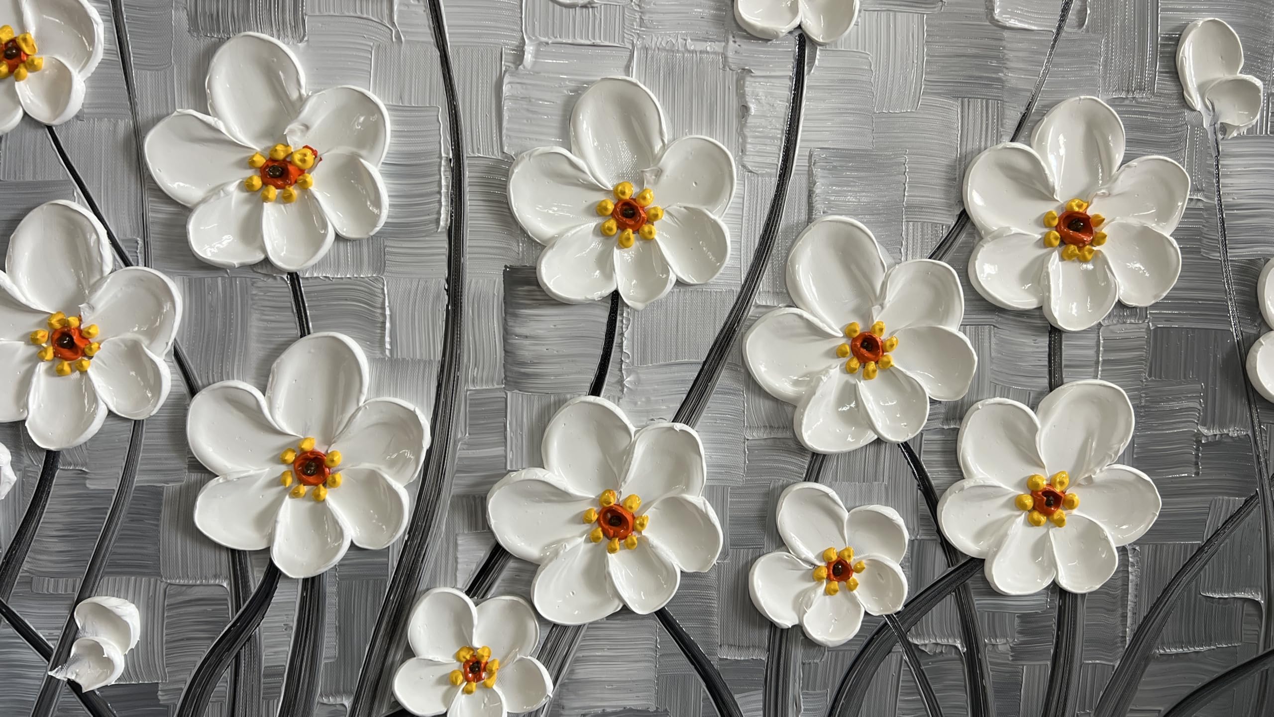Silver Bloom – White Flower Relief Floral Painting | Contemporary Botanical Bedroom & Living Room Art