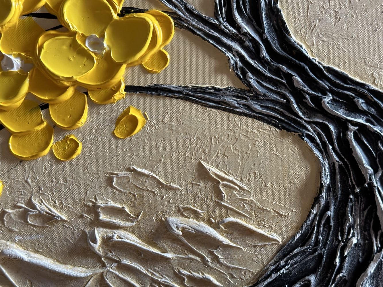 Golden Vigor – Yellow Flower Relief Texture Painting | Modern Luxury Botanical Bedroom & Living Room Art