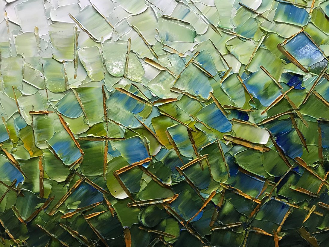 Emerald Radiance – Green and Gold Impasto Landscape Abstract Painting | Contemporary Landscape Living Room & Dining Room Art
