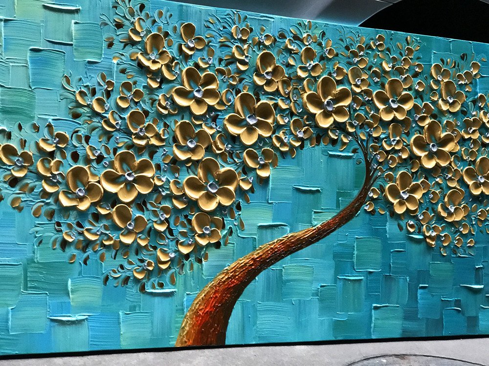 Teal Radiance – Gold Leaf Flower Relief Texture Painting | Modern Luxury Botanical Bedroom & Living Room Art