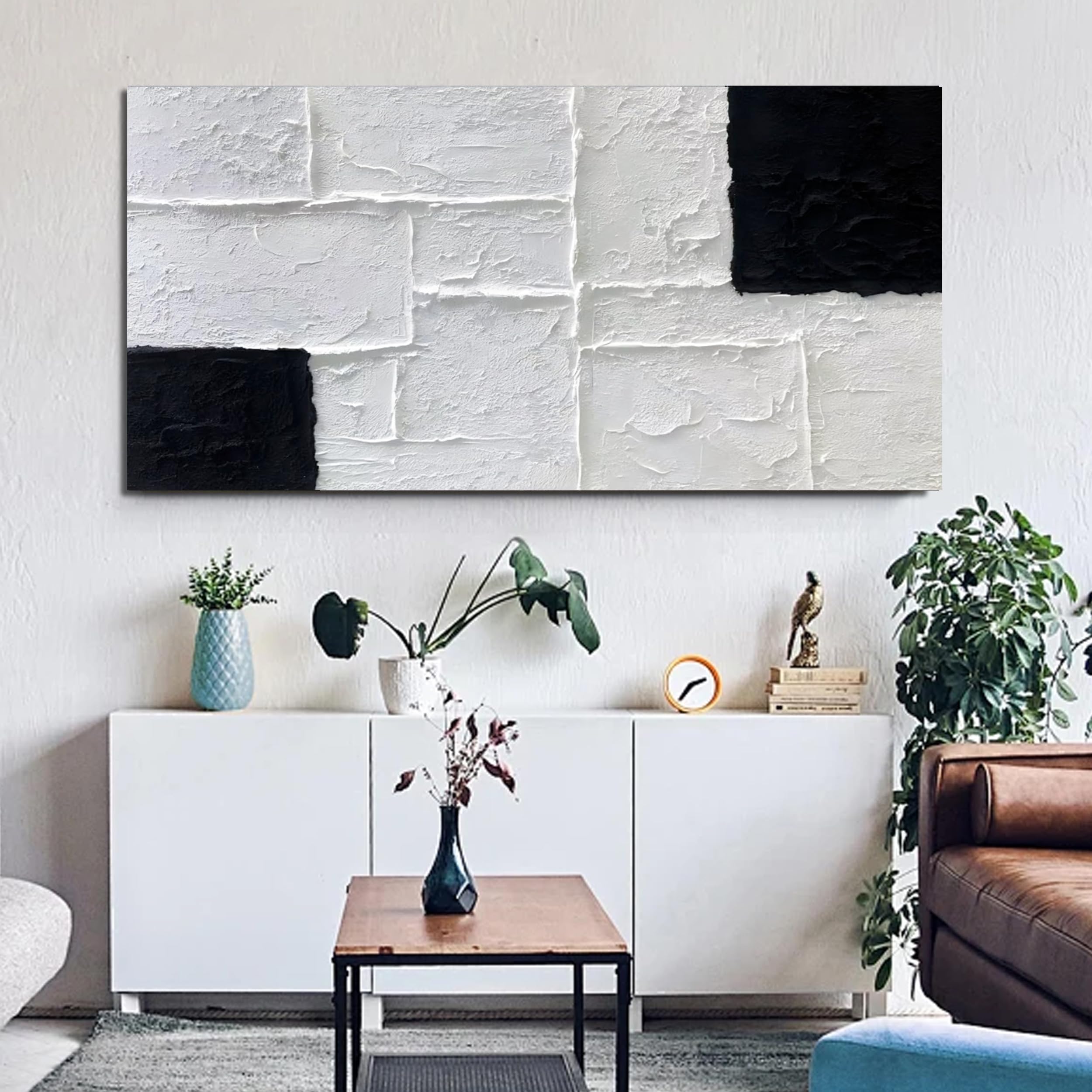 Mono Block – Black and White Geometric Relief Texture Painting | Industrial Abstract Home Office & Living Room Art
