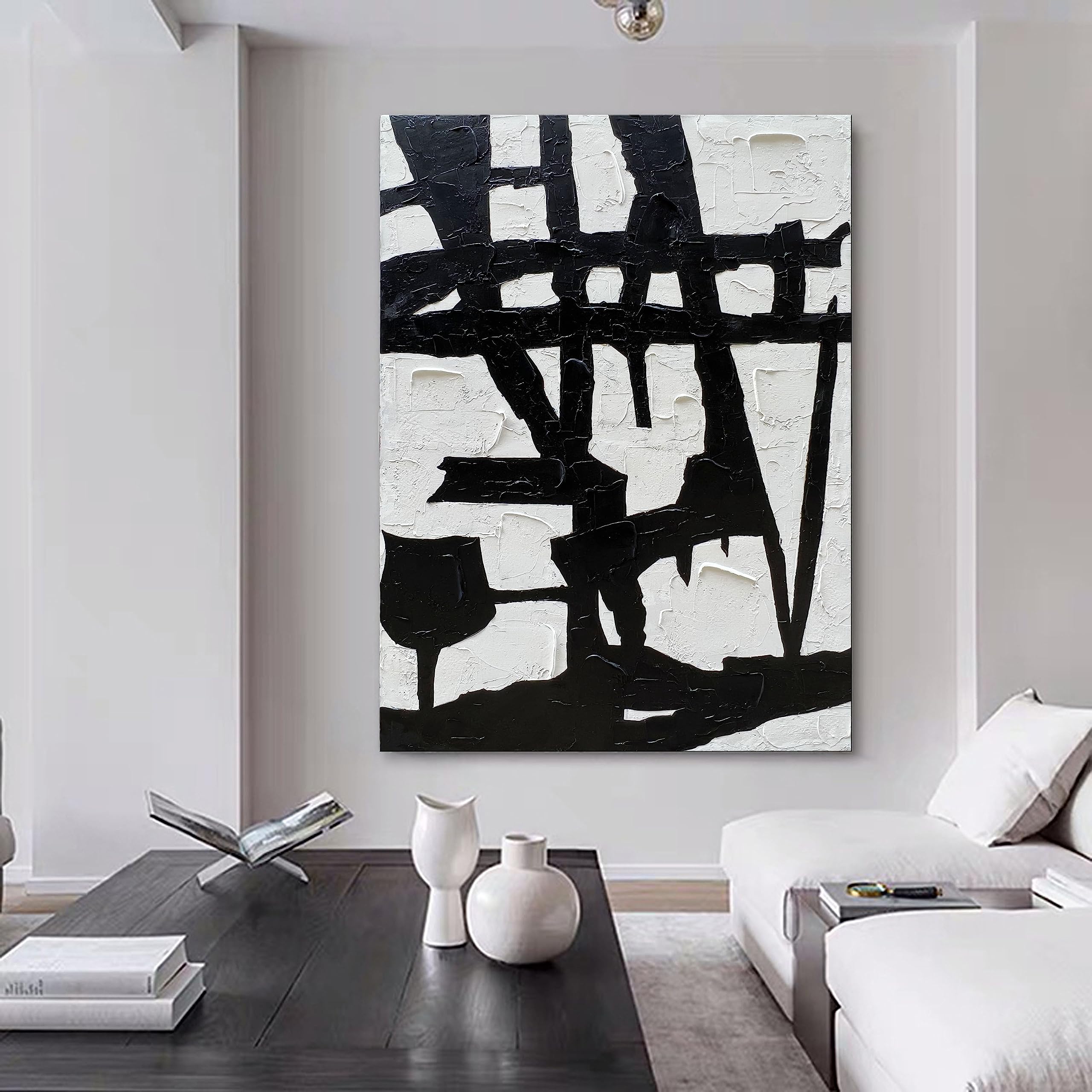 Urban Symbol – Bold Black and White Abstract Relief Texture Painting | Bold Abstract Palette Knife Living Room Art