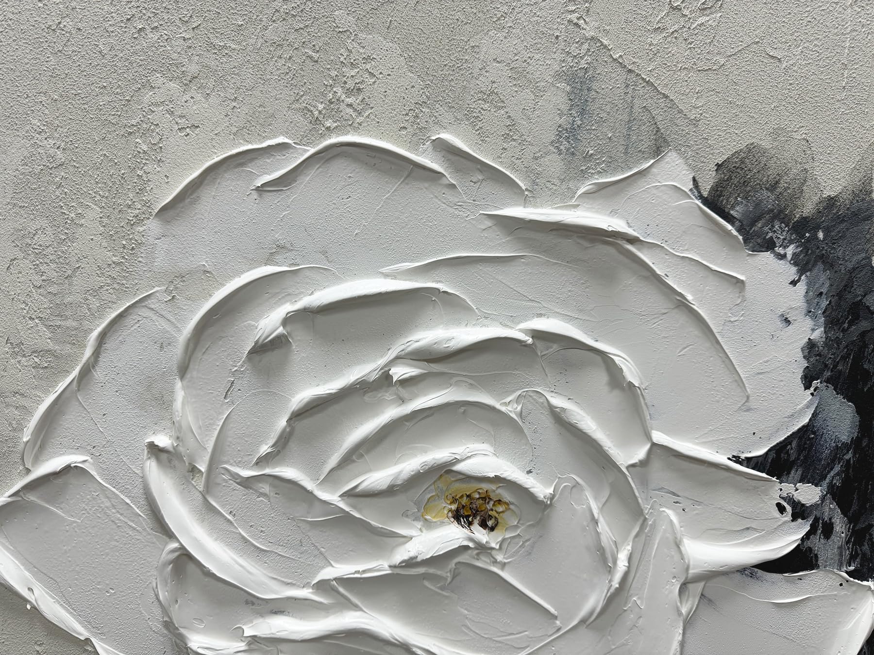 VANILLA SCULPT: 3D Heavy Texture White Rose Wall Art, Modern Plaster Relief Floral Painting