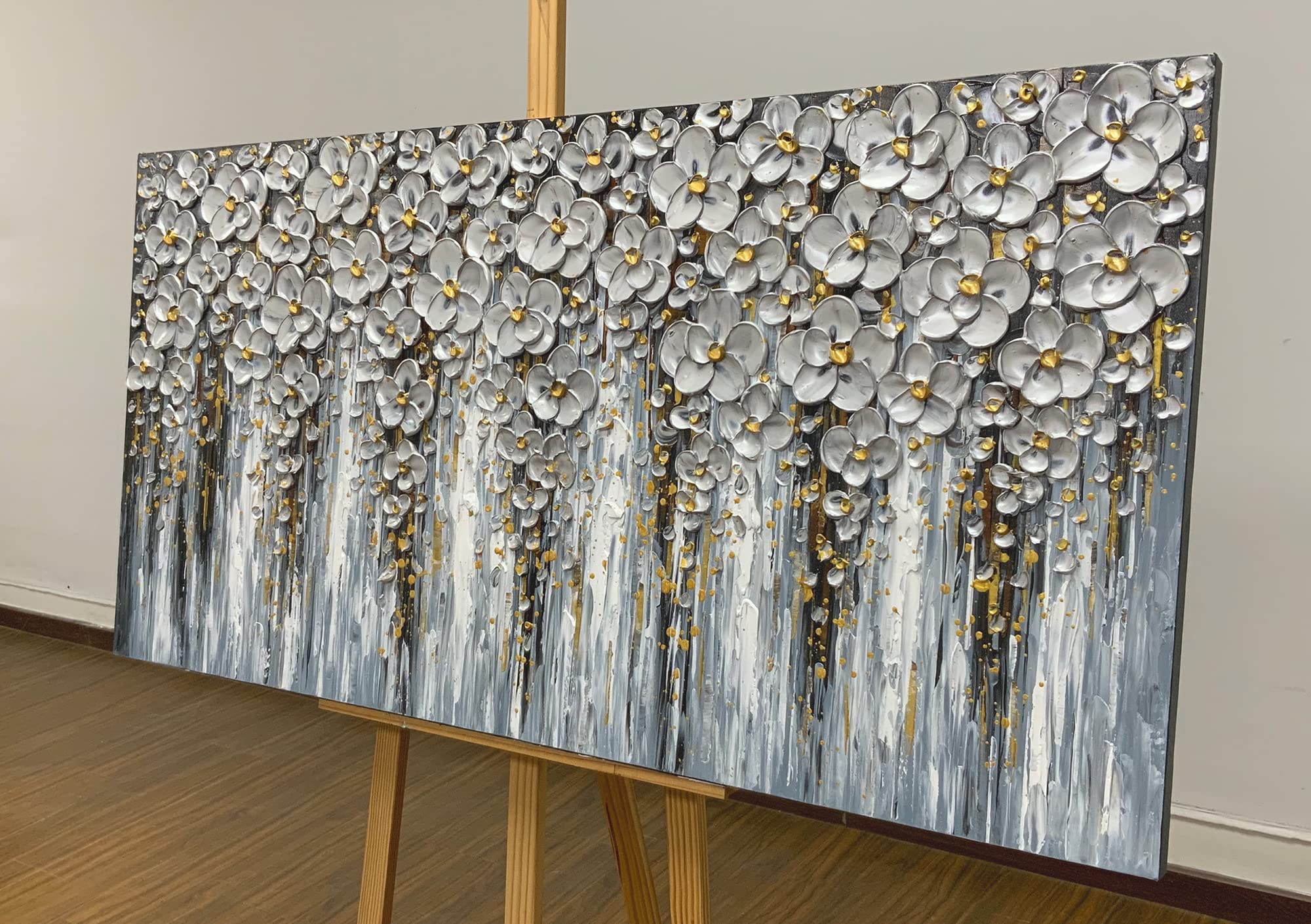 Silver Bloom – Luxury Blossom Relief Floral Painting | Contemporary Botanical Bedroom & Living Room Art