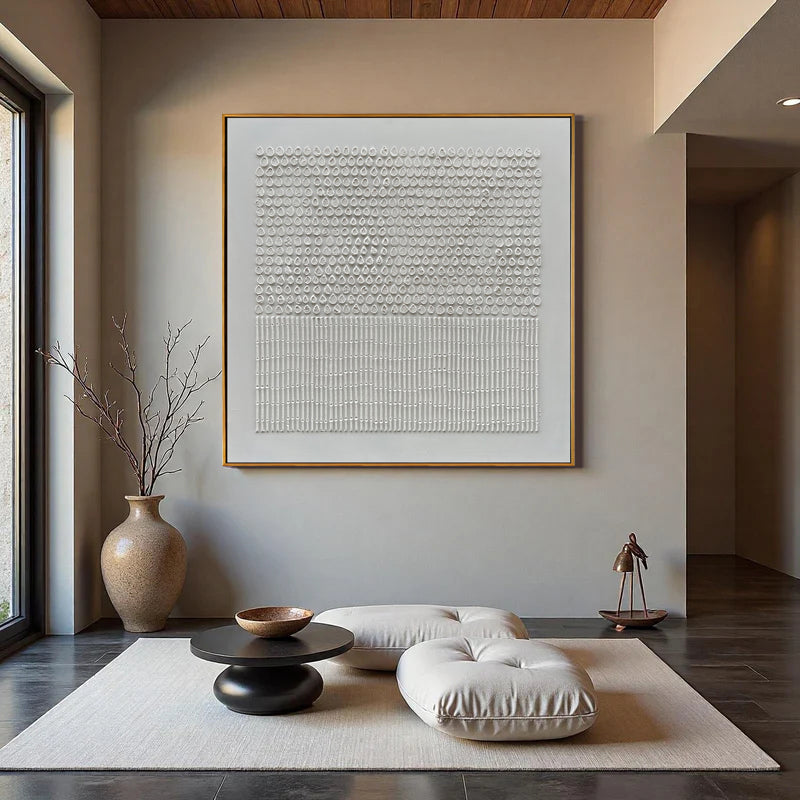 Listening to Rain – Wabi-Sabi Pure White Textured Raindrop & Bamboo Listening to Rain" – Wabi-Sabi Pure White Textured Raindrop & Bamboo Abstract Painting | Modern Minimalist HArt