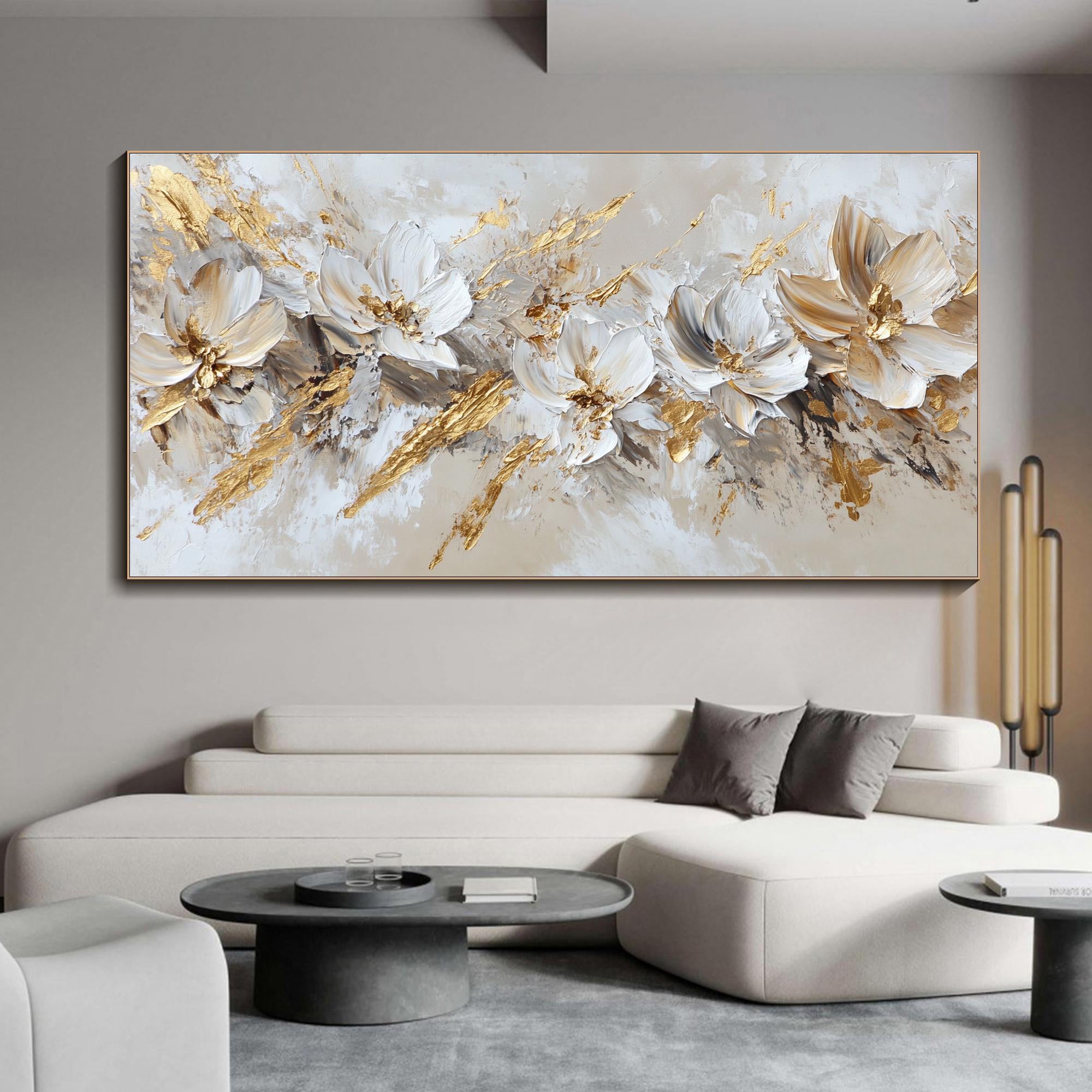 Divine Wings – Modern White & Gold Leaf Relief Floral Painting | Modern Luxury Botanical Bedroom & Living Room Art