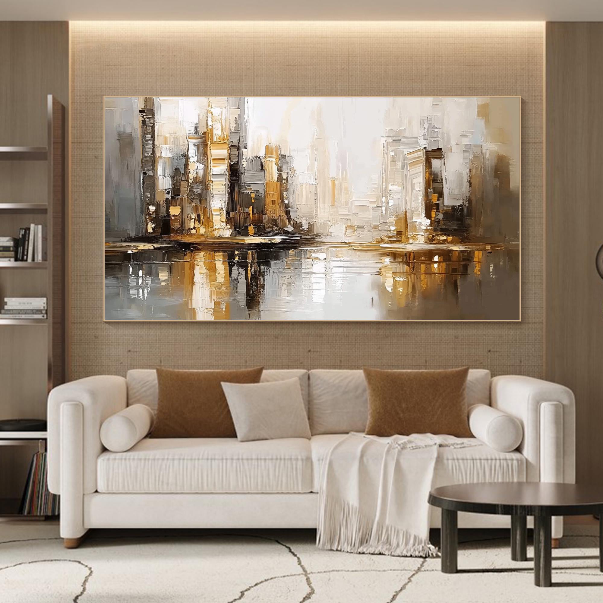 URBAN GOLD: Cityscape Wall Art, Hand-Painted Industrial Gold and Grey Skyline Palette Knife Heavy Texture Canvas Painting