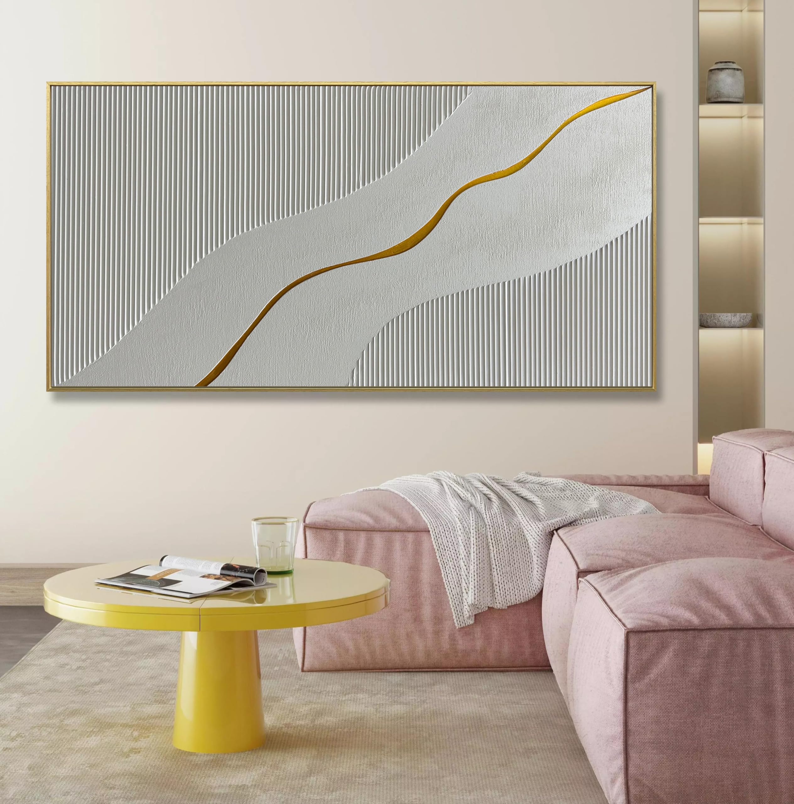 Vein of Gold – Wabi-Sabi White Textured Abstract Art with Gold Line | Modern Luxury Living Room Art
