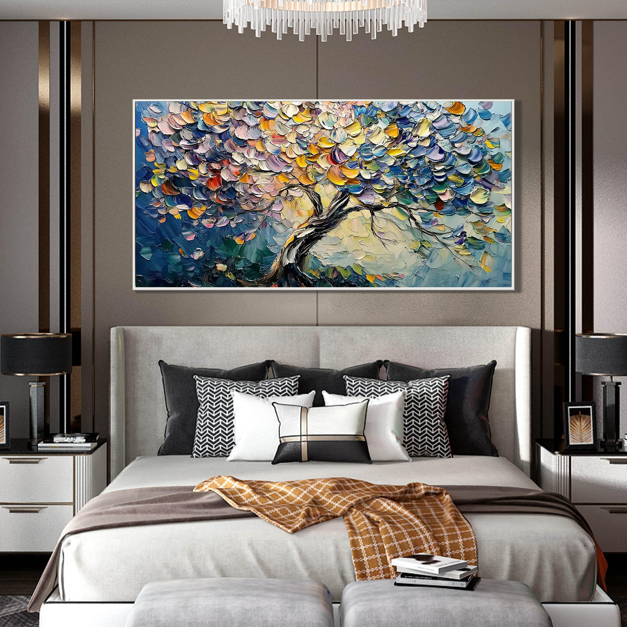 VIBRANT BLOOM: Floral Wall Art, Hand-Painted Horizontal Rainbow Tree 3D Palette Knife Heavy Texture Gallery Art