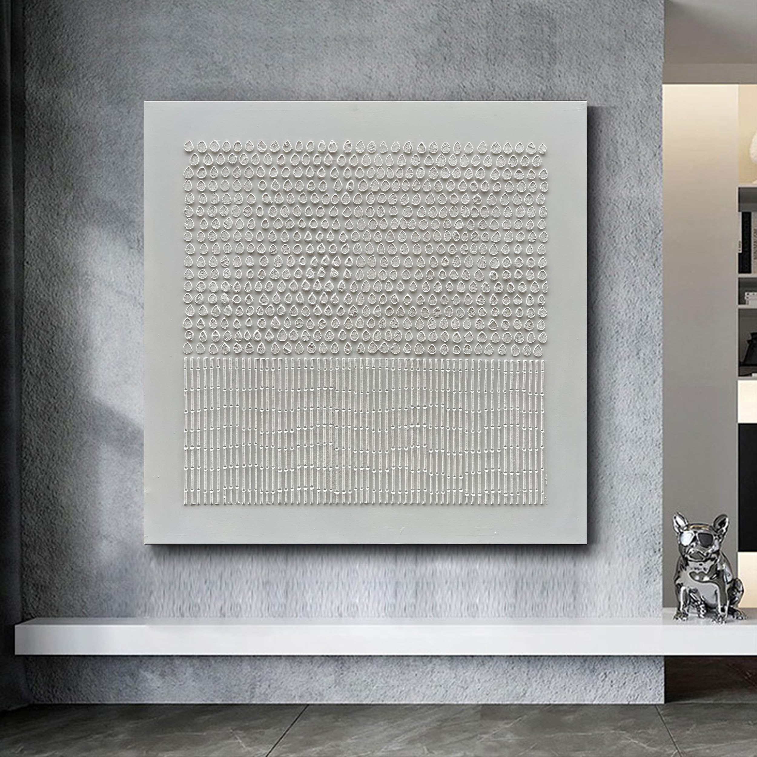 Listening to Rain – Wabi-Sabi Pure White Textured Raindrop & Bamboo Listening to Rain" – Wabi-Sabi Pure White Textured Raindrop & Bamboo Abstract Painting | Modern Minimalist HArt