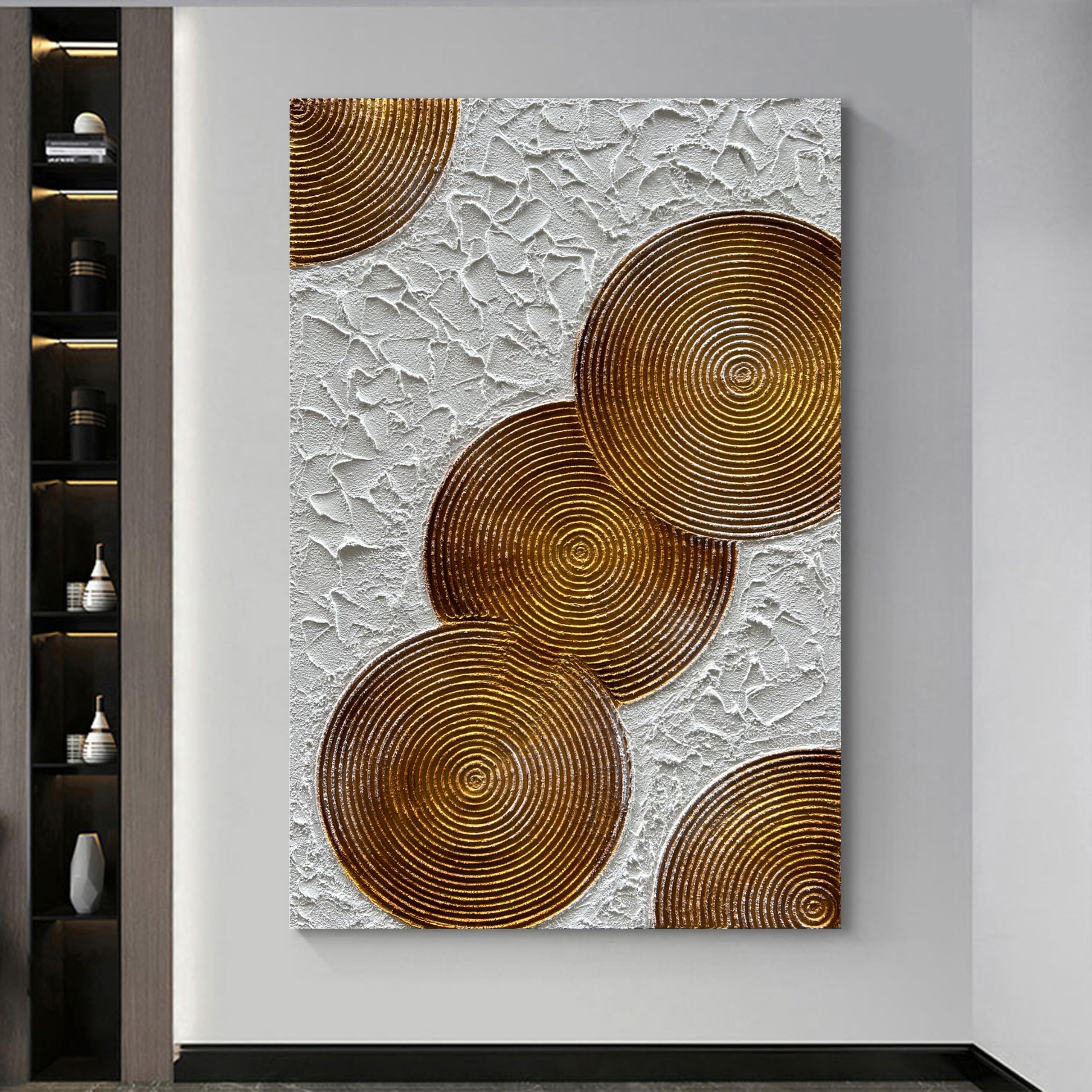 Amber Spheres – Modern Bronze Circle Relief Texture Painting | Contemporary Plaster Texture Living Room & Office Art