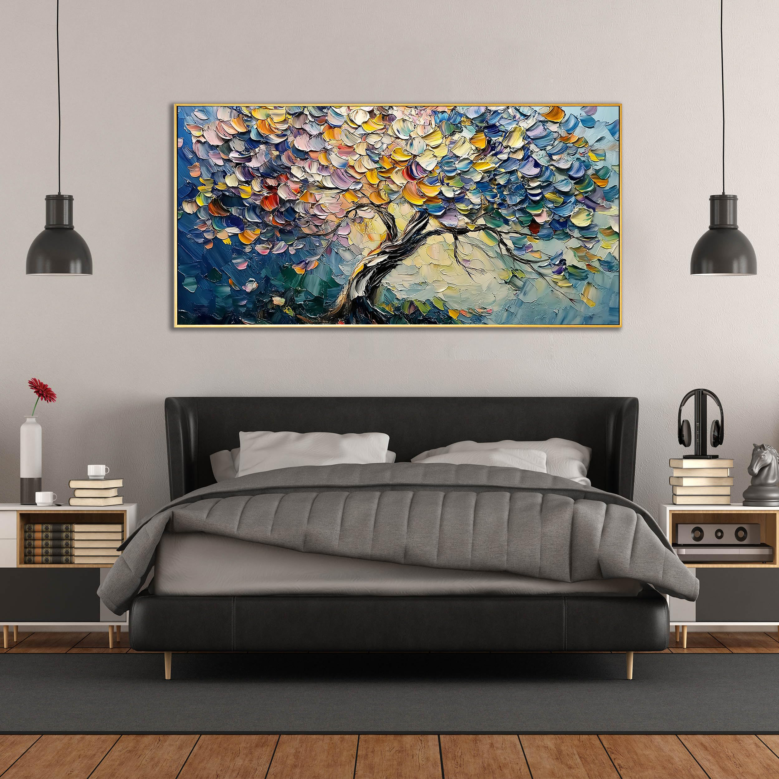 VIBRANT BLOOM: Floral Wall Art, Hand-Painted Horizontal Rainbow Tree 3D Palette Knife Heavy Texture Gallery Art