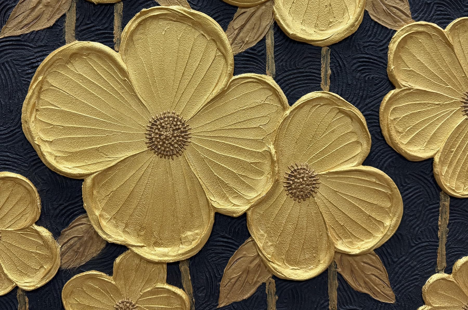 Gilded Age – Modern Luxury 3D Sculpted Gold Flowers | Black & Gold Contrast Entryway Wall Art