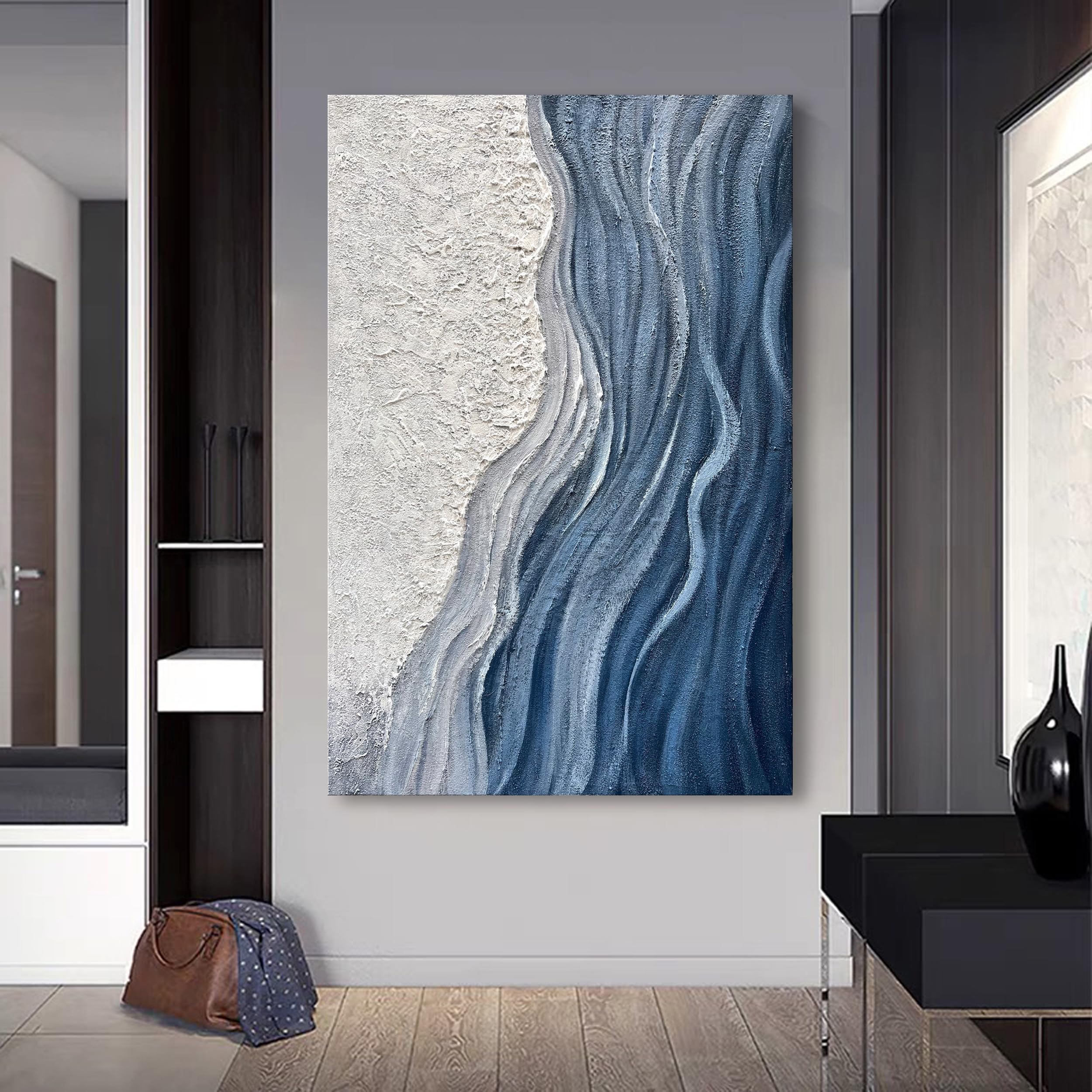 GLACIAL FLOW: Texture Wall Art, Hand-Painted Deep Blue and White Plaster Effect Relief 3D Heavy Texture Studio Art