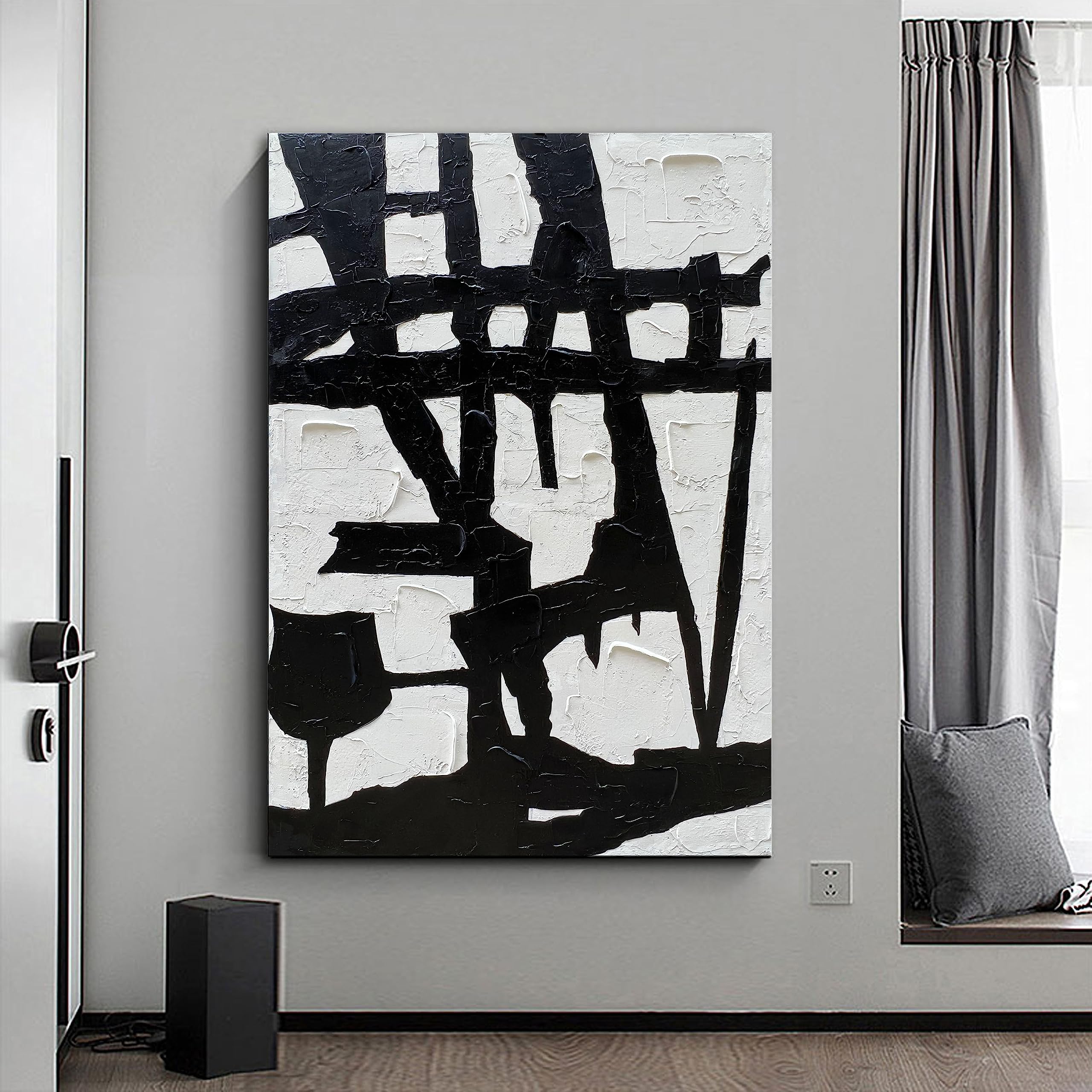 Urban Symbol – Bold Black and White Abstract Relief Texture Painting | Bold Abstract Palette Knife Living Room Art