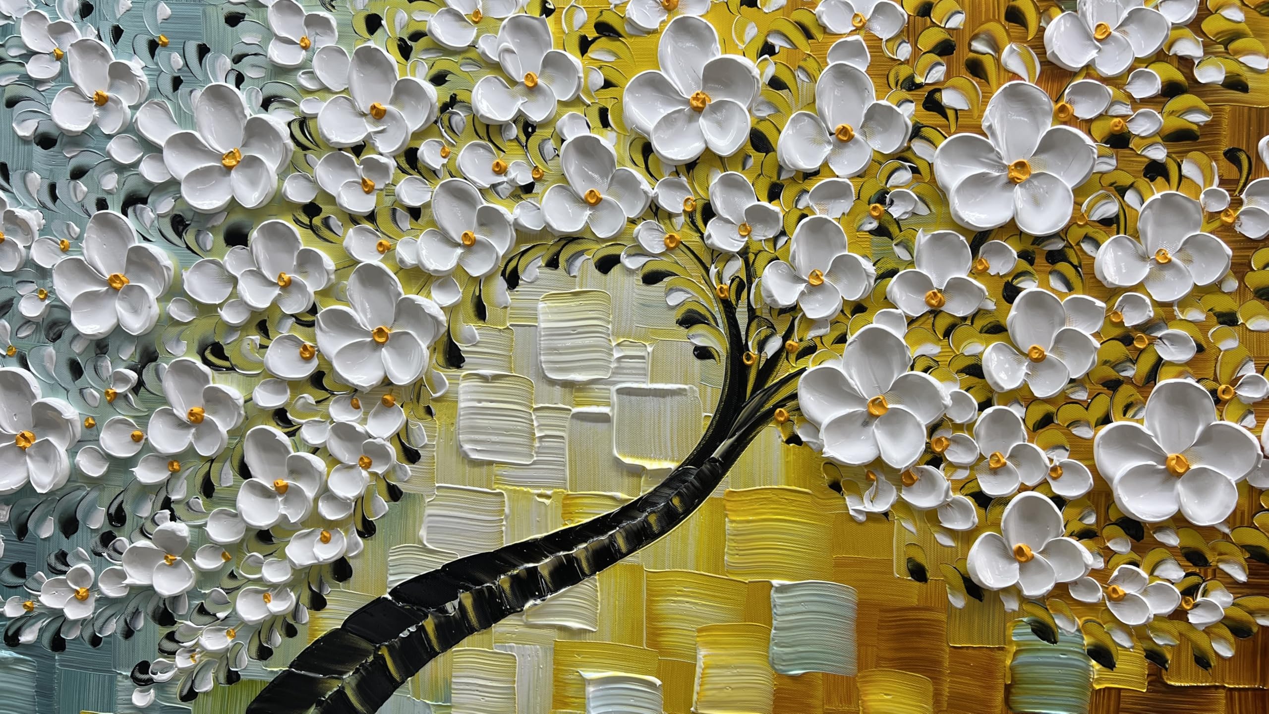 Golden Bloom – White and Amber Relief Tree Floral Painting | Modern Luxury Botanical Bedroom & Living Room Art