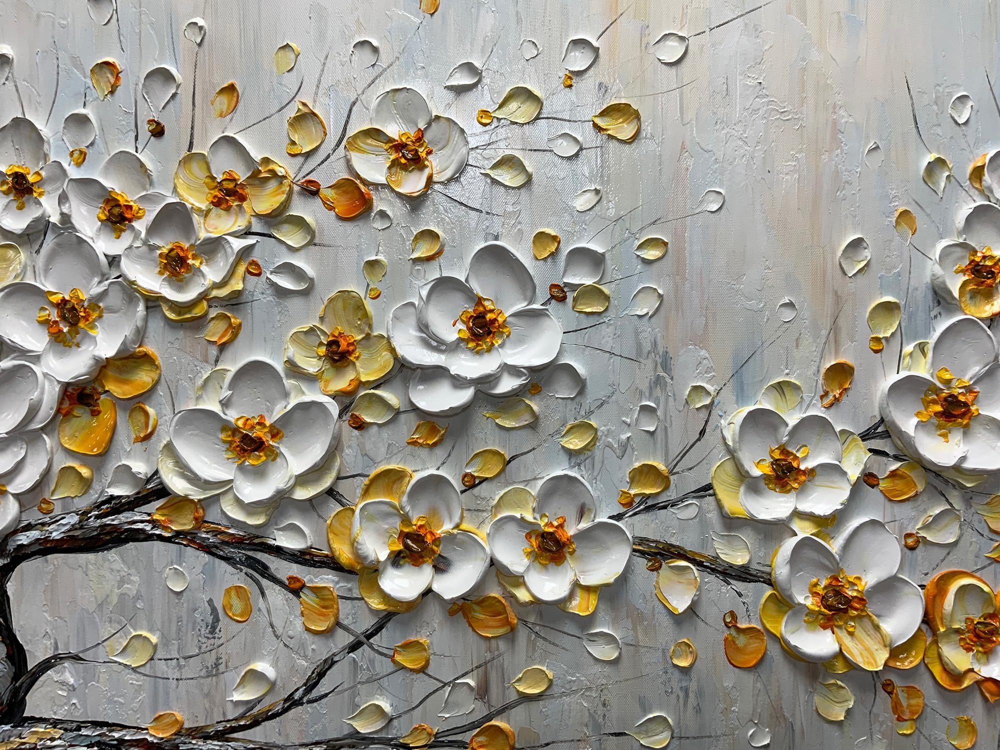 Gilded Blossom – Modern Heavy Textured Floral Painting | Luxury Horizontal Living Room Art