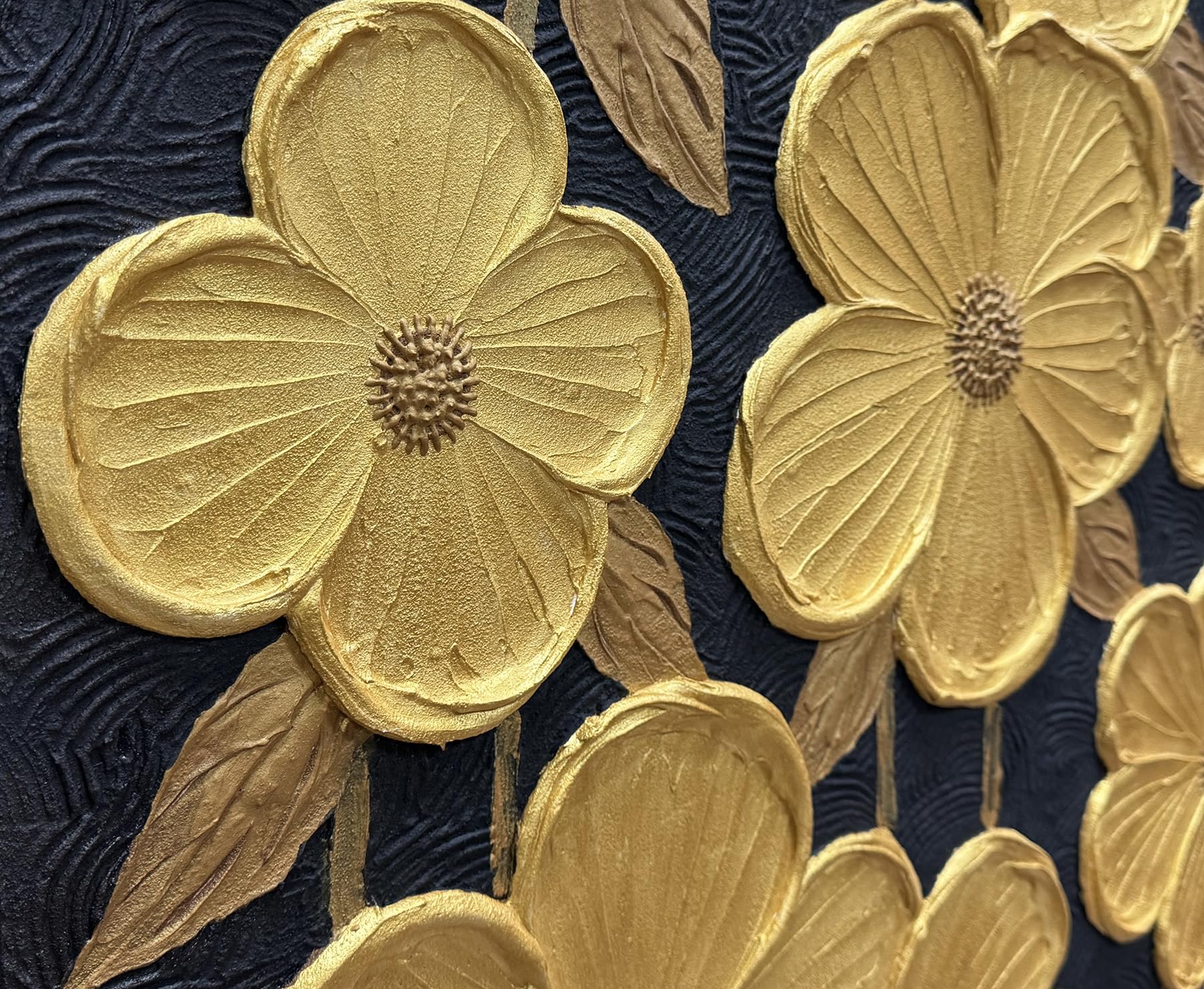 Gilded Age – Modern Luxury 3D Sculpted Gold Flowers | Black & Gold Contrast Entryway Wall Art