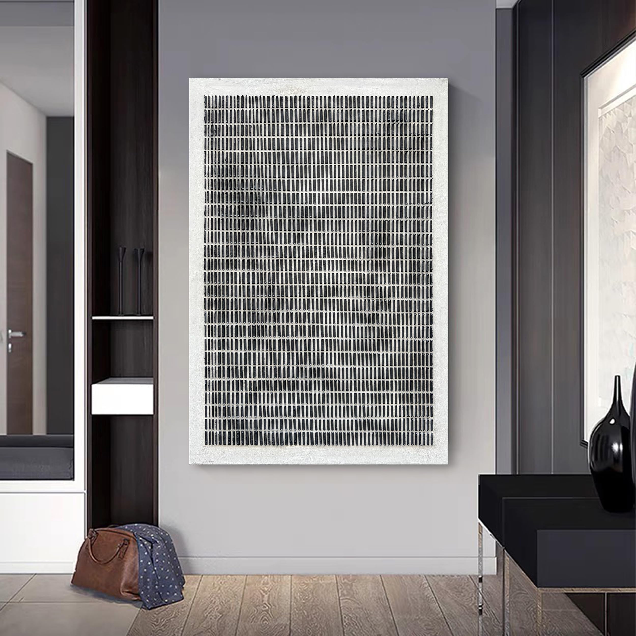 Grid Zen – Wabi-Sabi Geometric Matrix Minimalist Painting | Modern Noir Wabi-Sabi Living Room & Home Office Art