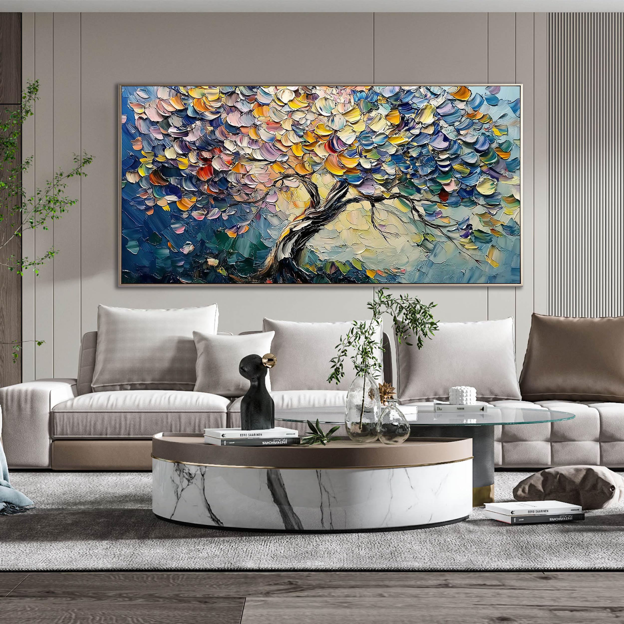 VIBRANT BLOOM: Floral Wall Art, Hand-Painted Horizontal Rainbow Tree 3D Palette Knife Heavy Texture Gallery Art