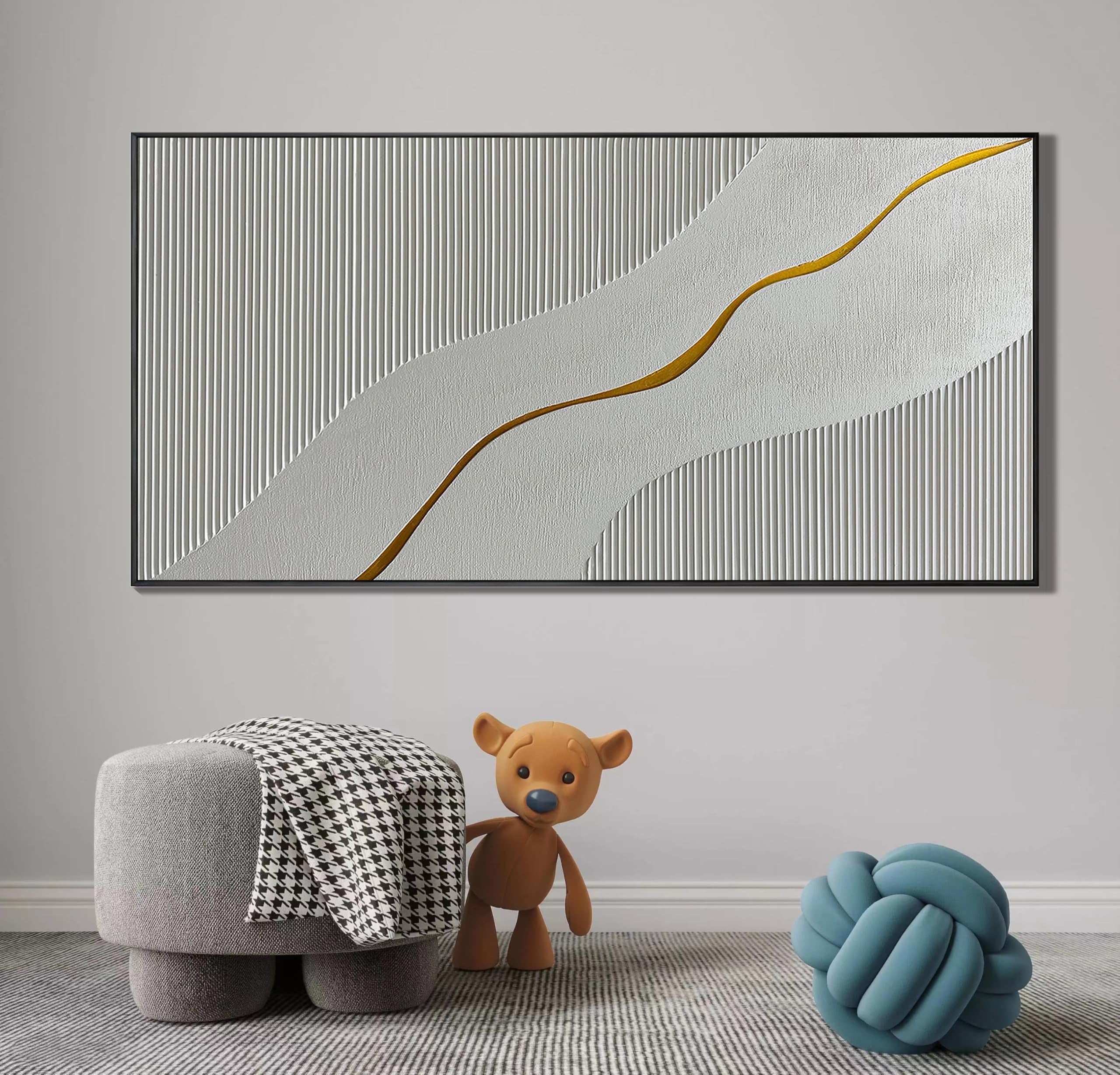 Vein of Gold – Wabi-Sabi White Textured Abstract Art with Gold Line | Modern Luxury Living Room Art