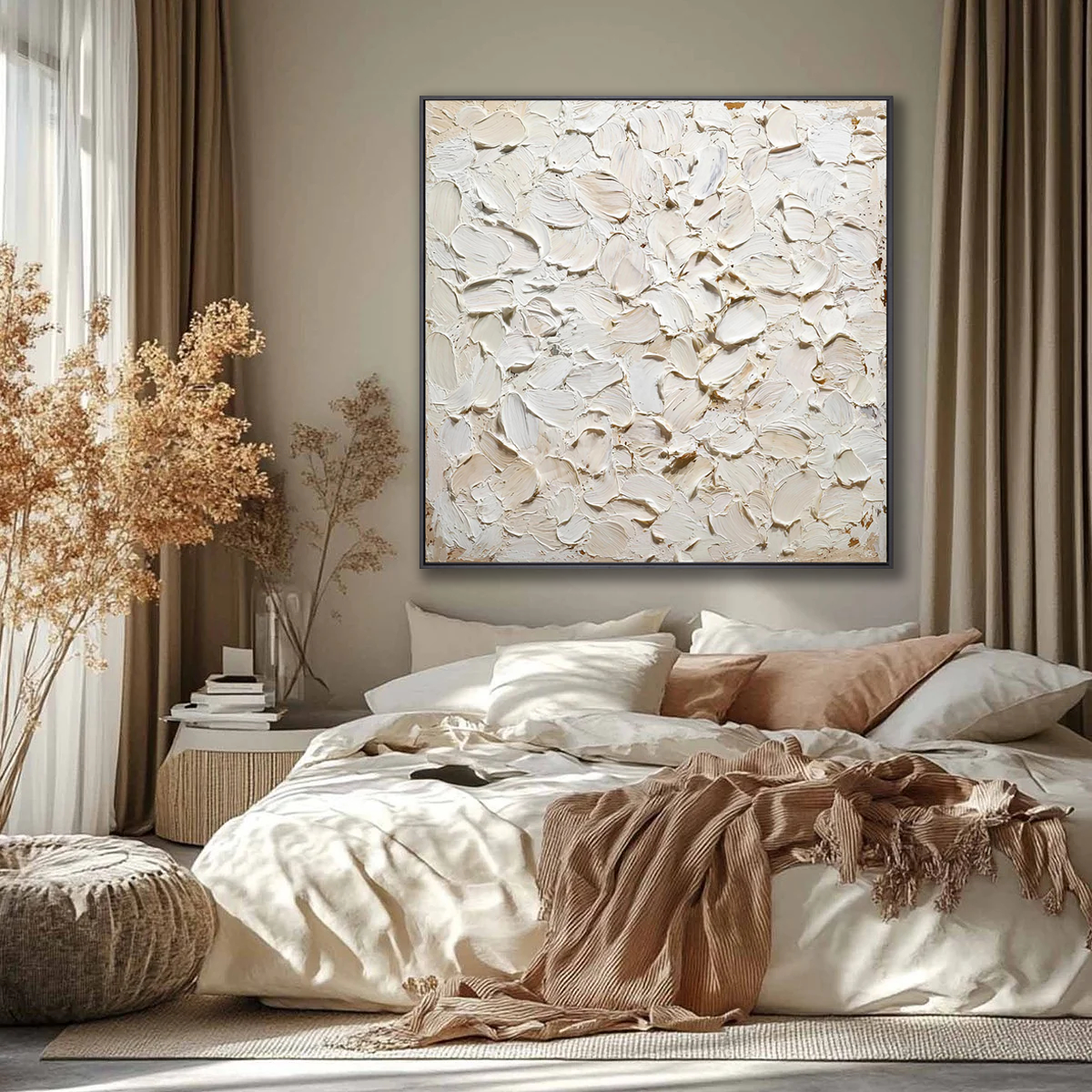 Oatmeal Cloud – Hand-Painted Neutral Beige All-Over 3D Impasto Palette Knife Texture Painting | Modern Abstract Living Room & Office Art