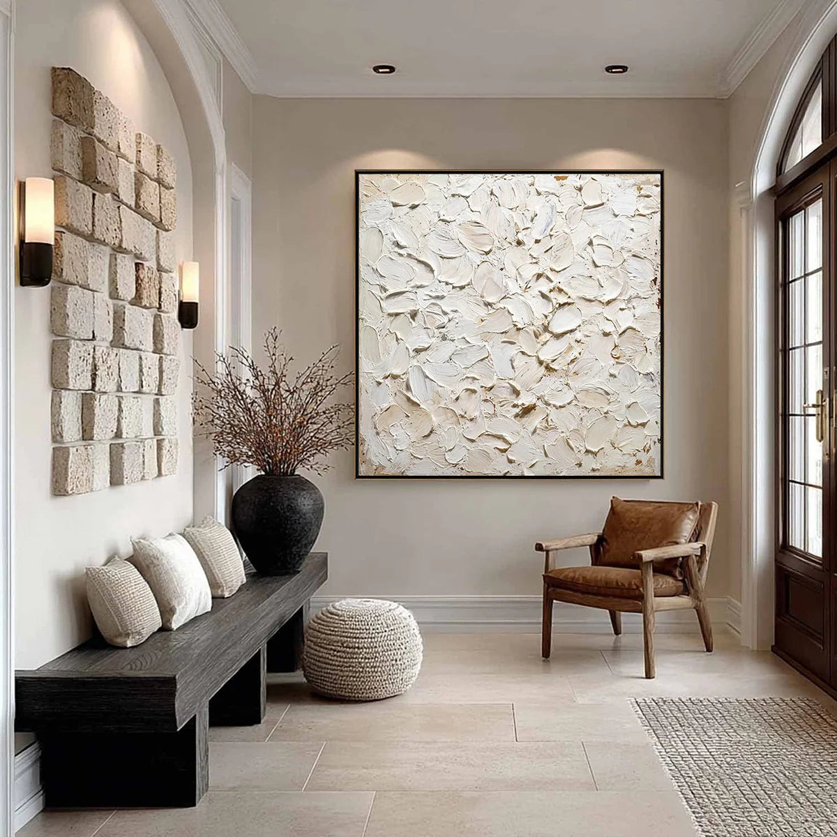 Oatmeal Cloud – Hand-Painted Neutral Beige All-Over 3D Impasto Palette Knife Texture Painting | Modern Abstract Living Room & Office Art