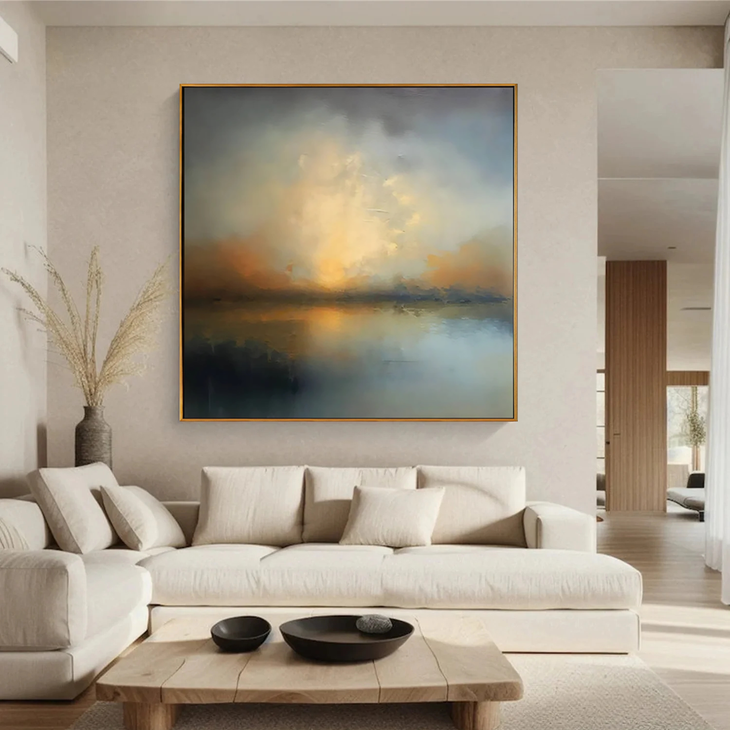 Glowing Horizon – Hand-Painted Atmospheric Sunset Lake Abstract Landscape Painting | Contemporary Landscape Living Room & Dining Room Art