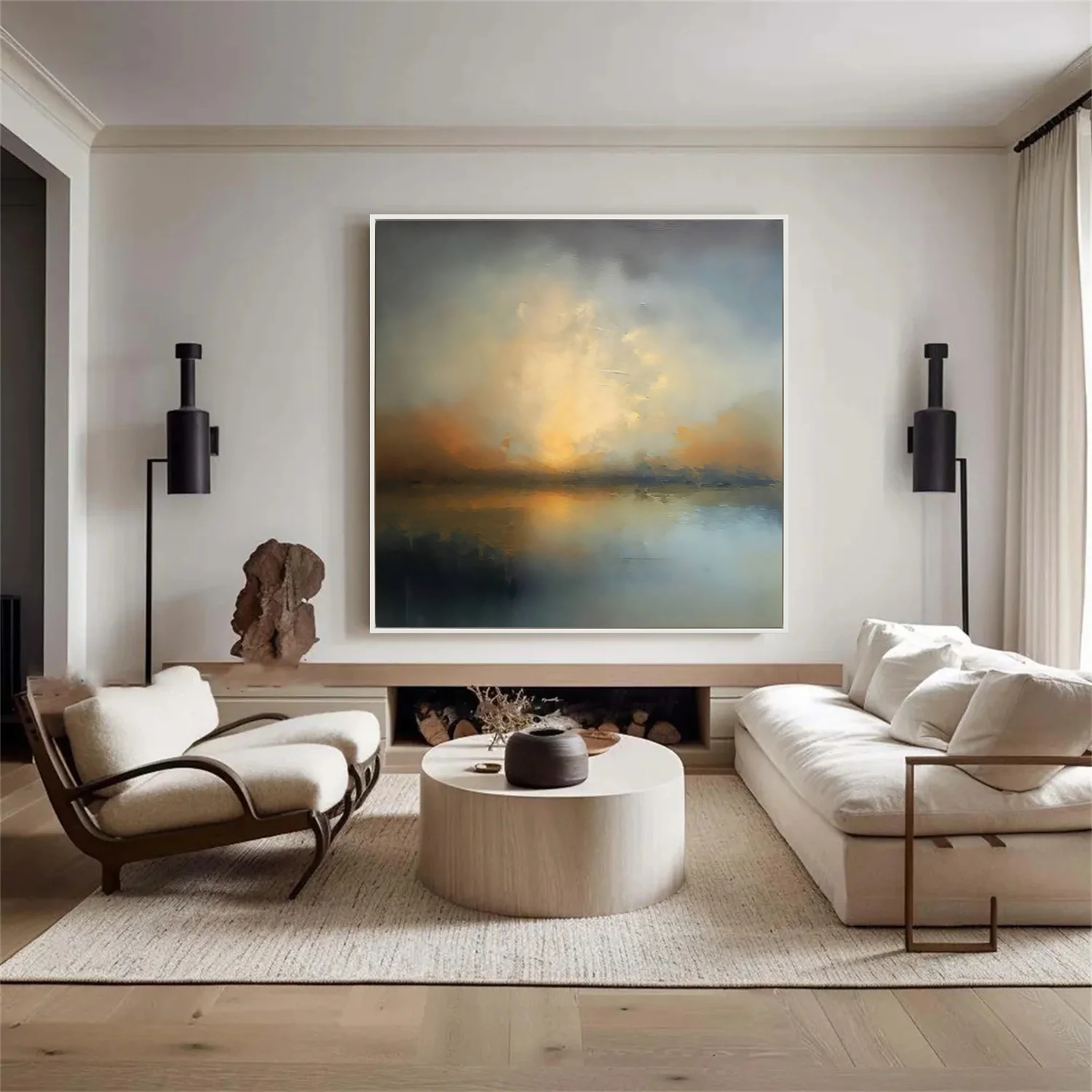 Glowing Horizon – Hand-Painted Atmospheric Sunset Lake Abstract Landscape Painting | Contemporary Landscape Living Room & Dining Room Art
