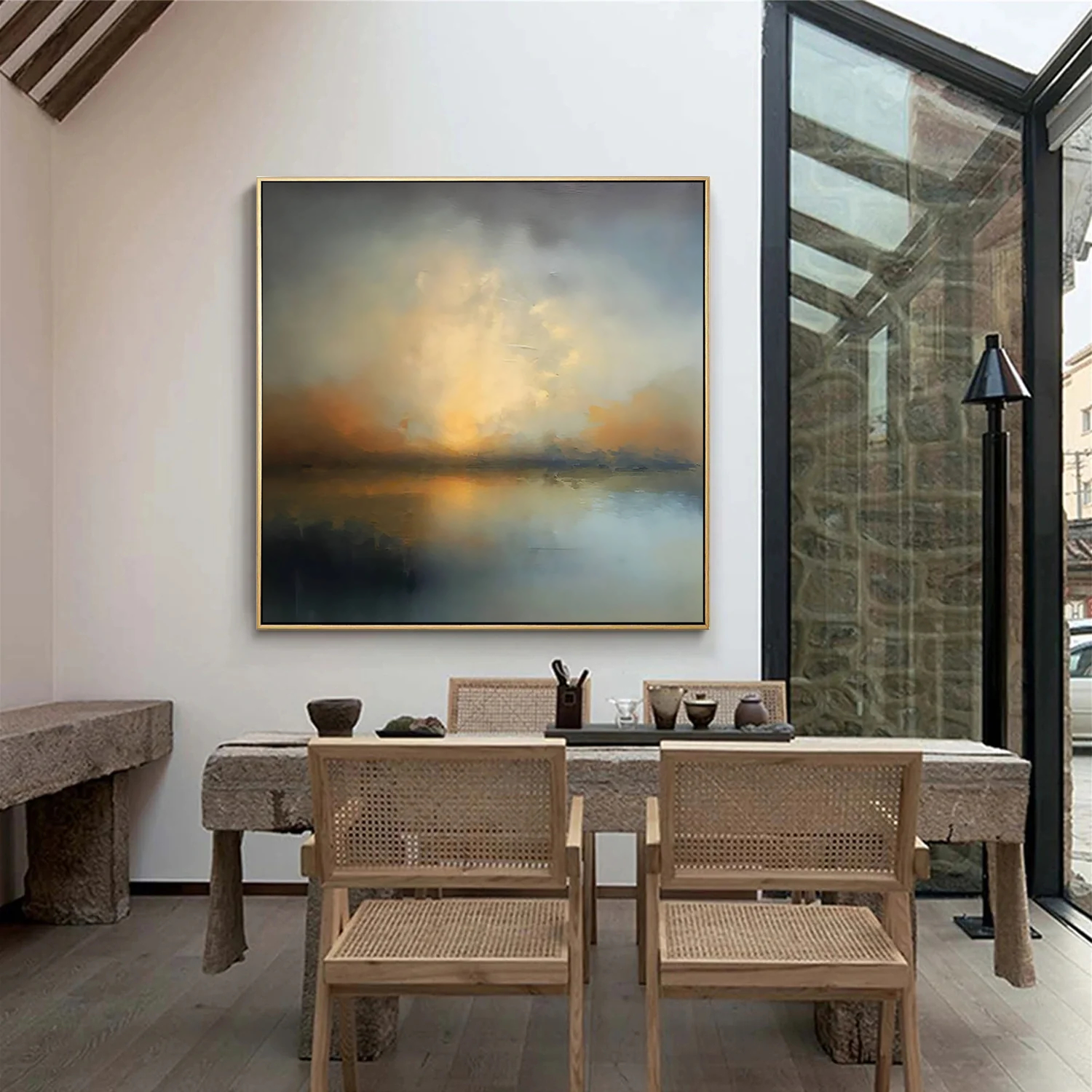 Glowing Horizon – Hand-Painted Atmospheric Sunset Lake Abstract Landscape Painting | Contemporary Landscape Living Room & Dining Room Art