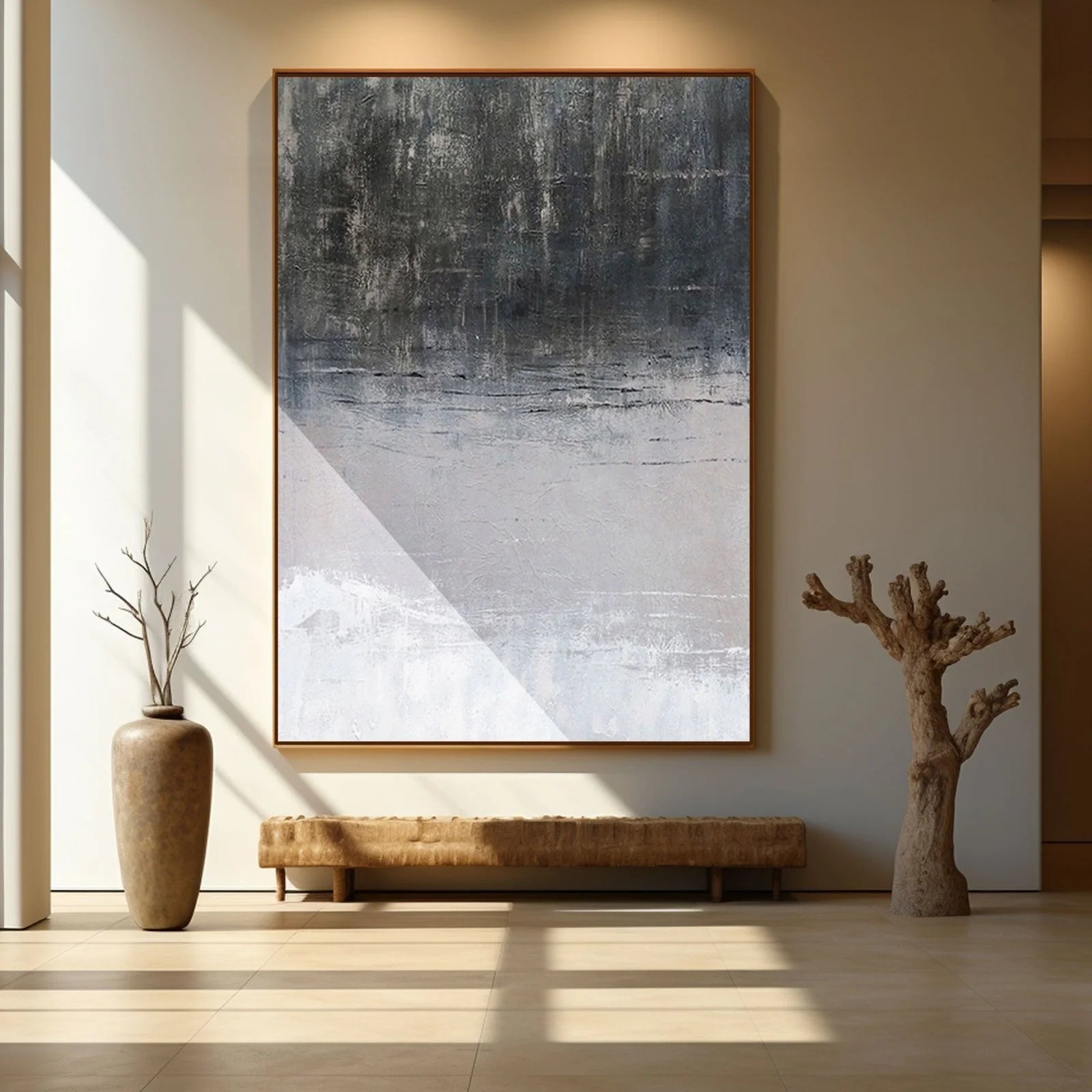 Grey Echo – Minimalist Textured Monochromatic Canvas Wabi-Sabi Painting | Japandi Wabi-Sabi Living Room & Bedroom Art
