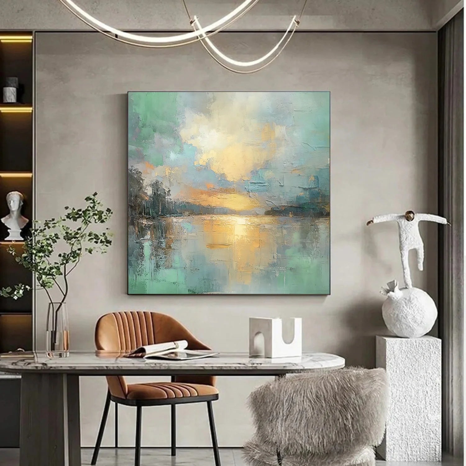 Golden Serenity – Modern Impressionist Landscape Painting | Creative Sunset Lake Hallway Art