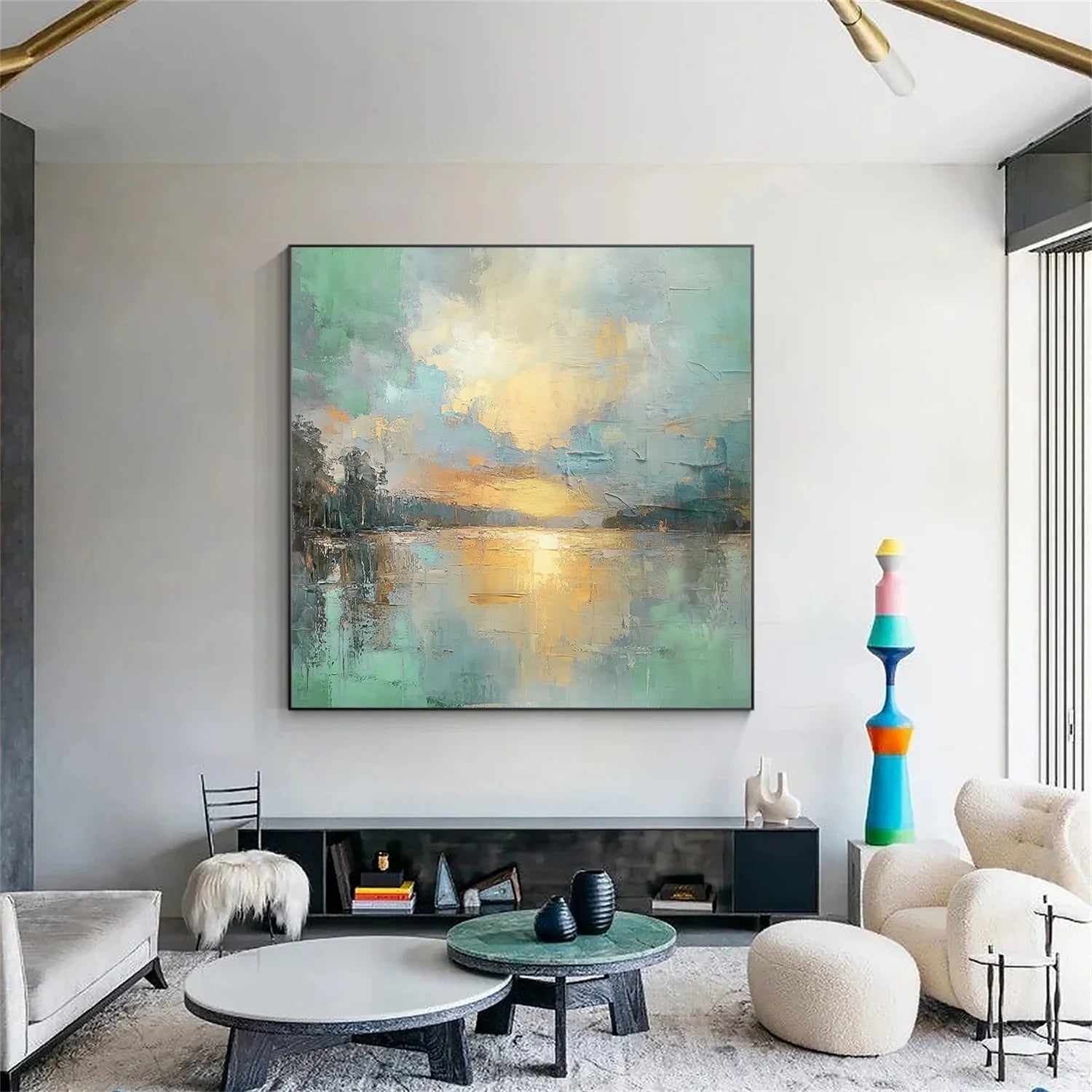 Golden Serenity – Modern Impressionist Landscape Painting | Creative Sunset Lake Hallway Art